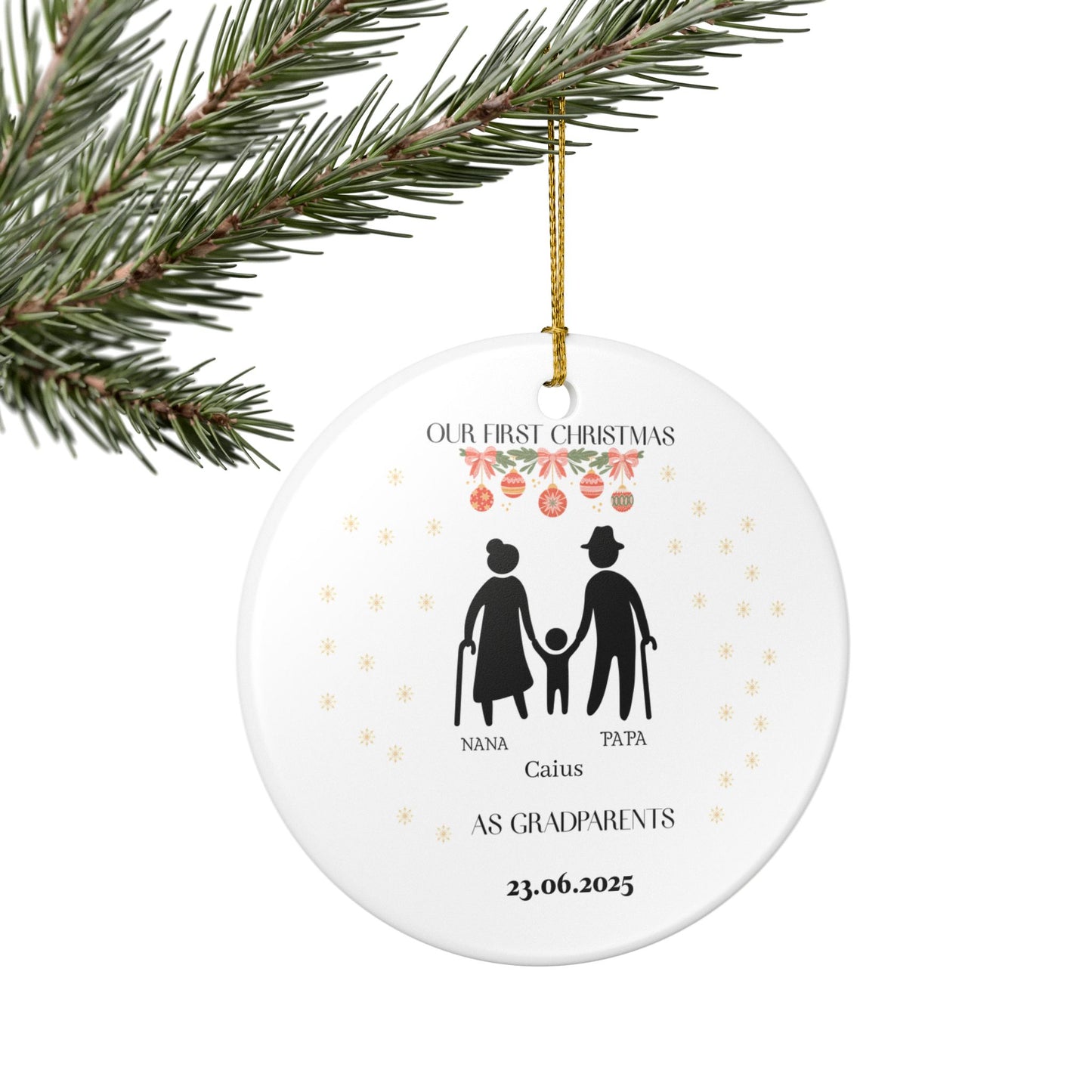 Personalized Ceramic Ornament, First Christmas as Grandparents Decor, 2023 Family Holiday Keepsake, Custom Gift for Nana and Papa