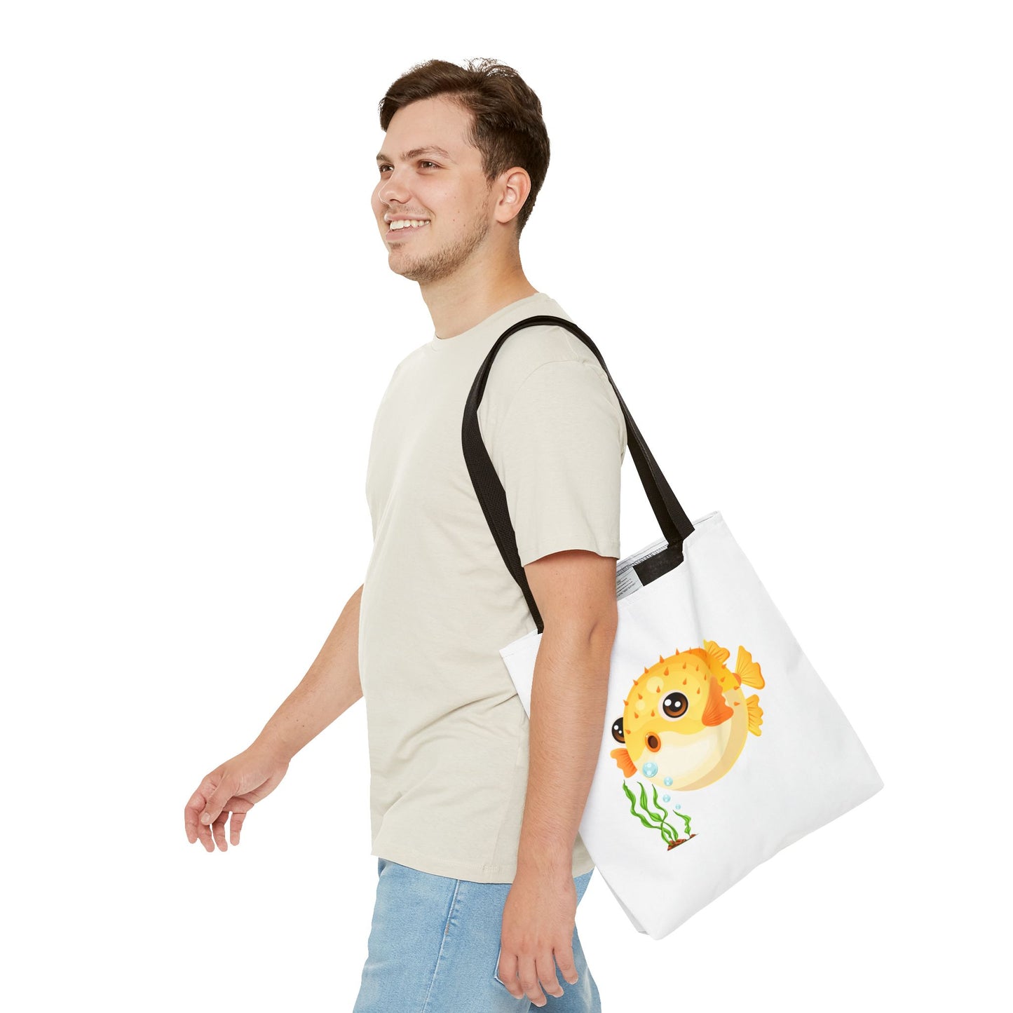 Cartoon Pufferfish with seaweed Tote Bag