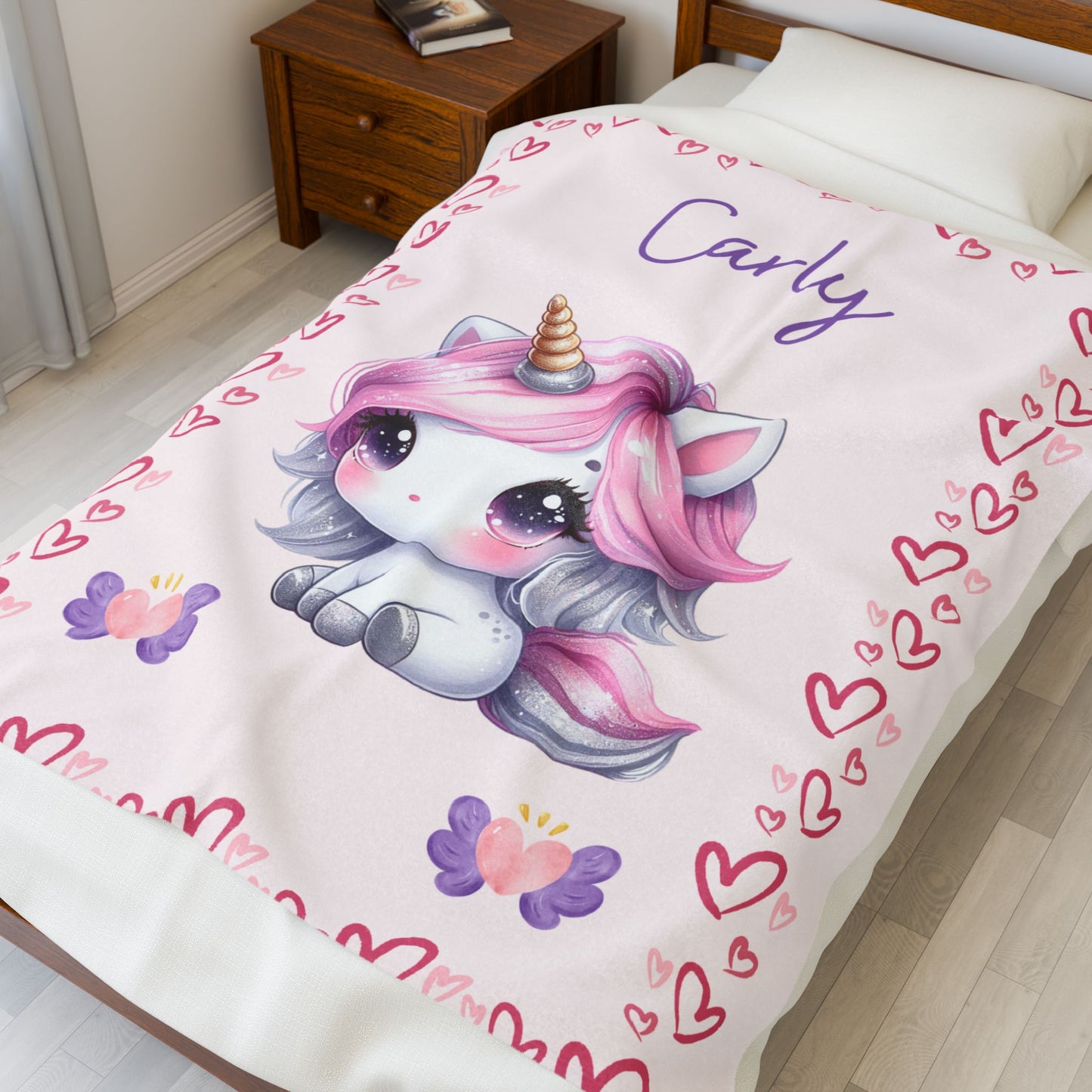 Personalized Unicorn Velveteen Plush Blanket, Custom Baby Blanket, Kids Blanket, Cozy Gift, Soft Throw Blanket, Nursery Decor