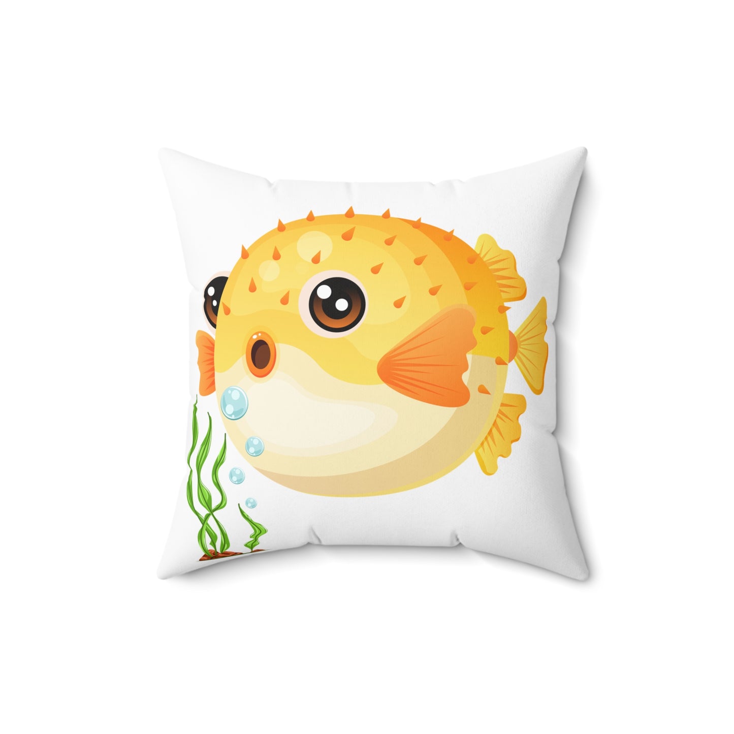 Cartoon Pufferfish with seaweed Spun Polyester Square Pillow