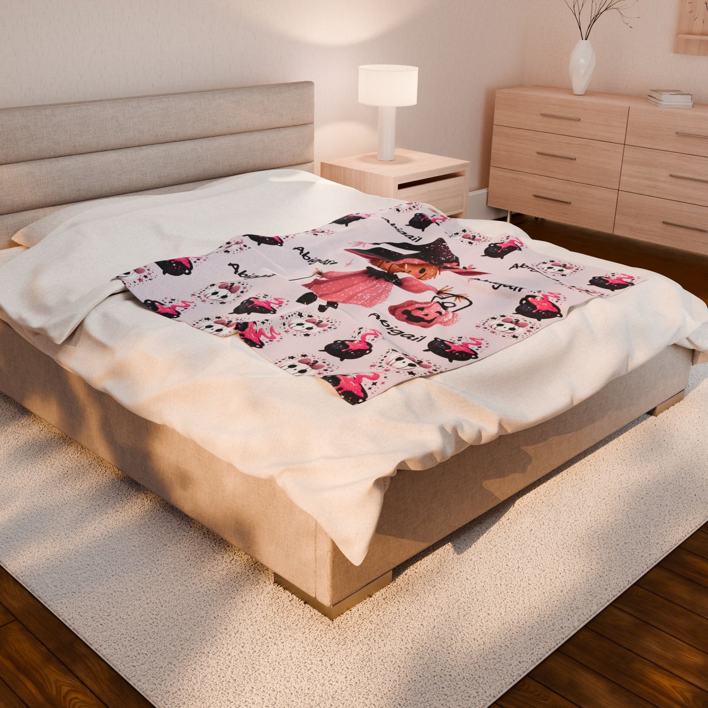 Personalized Halloween Velveteen Plush Blanket, Soft Cozy Throw, Perfect for Kids, Witch Design, Fall Decor, Gift Idea