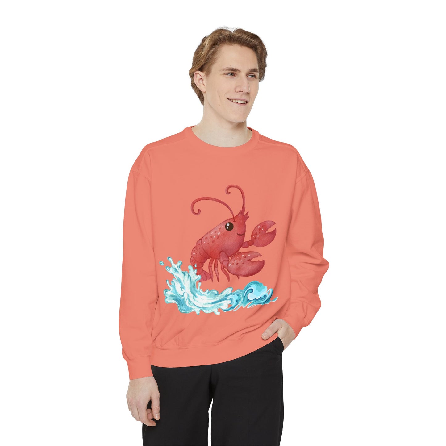 Cheerful red lobster emerging from stylized blue waves Unisex Garment-Dyed Sweatshirt