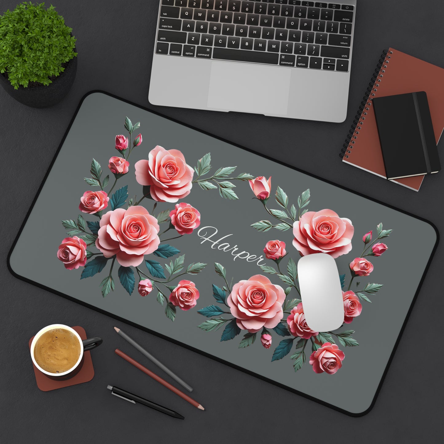 Personalized Floral Desk Mat | Elegant Workspace Decor, Custom Mouse Pad, Office Gift, Elegant Desk Accessory, Rose Design