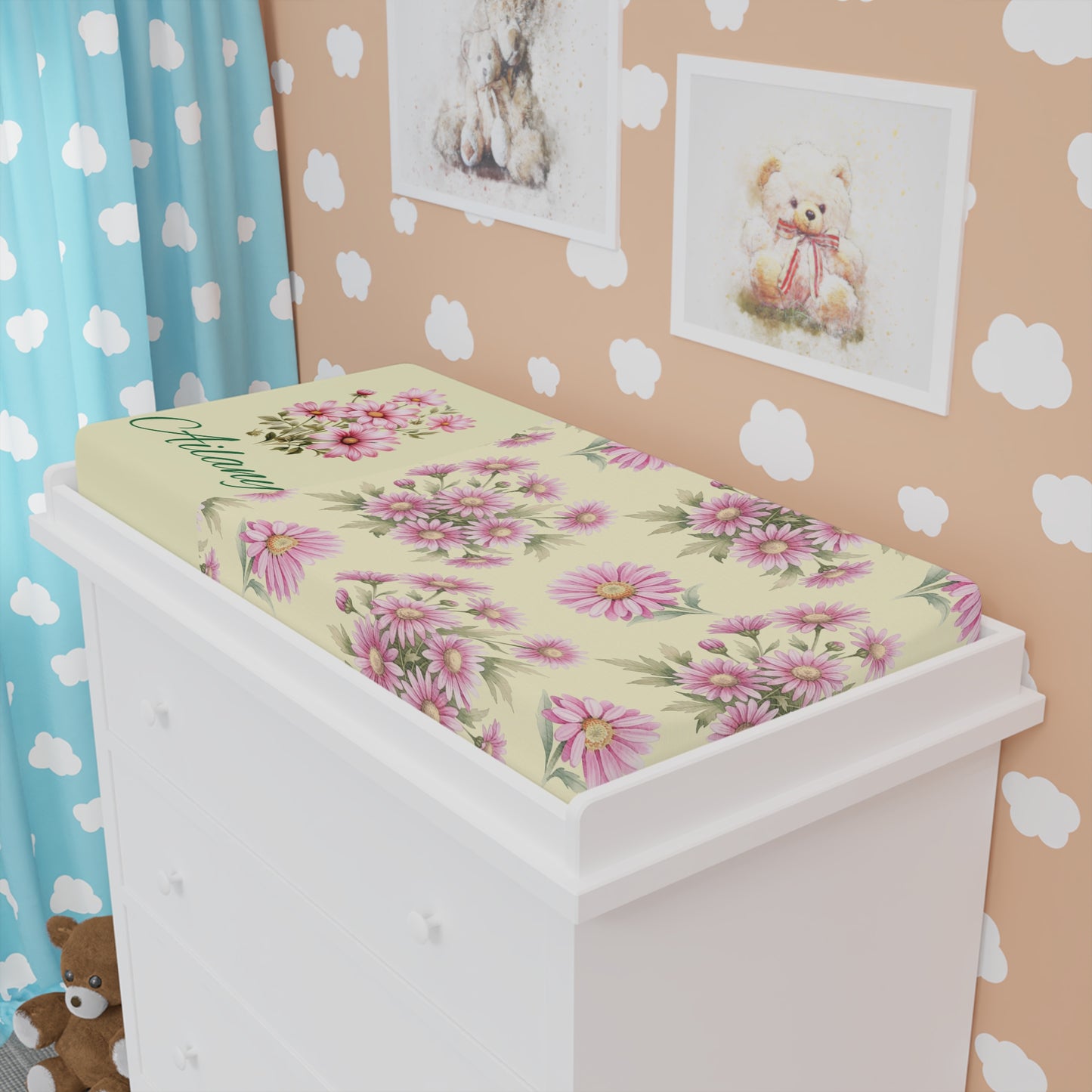 Floral Baby Changing Pad Cover — Pink Daisy Nursery Accent (Personalizable)