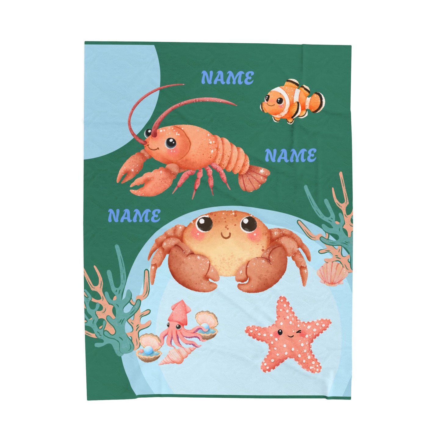 Personalized Ocean-Themed Velveteen Plush Blanket, Kids Beach Decor, Custom Name Gift, Nursery Room Accessories, Sea Life Throw