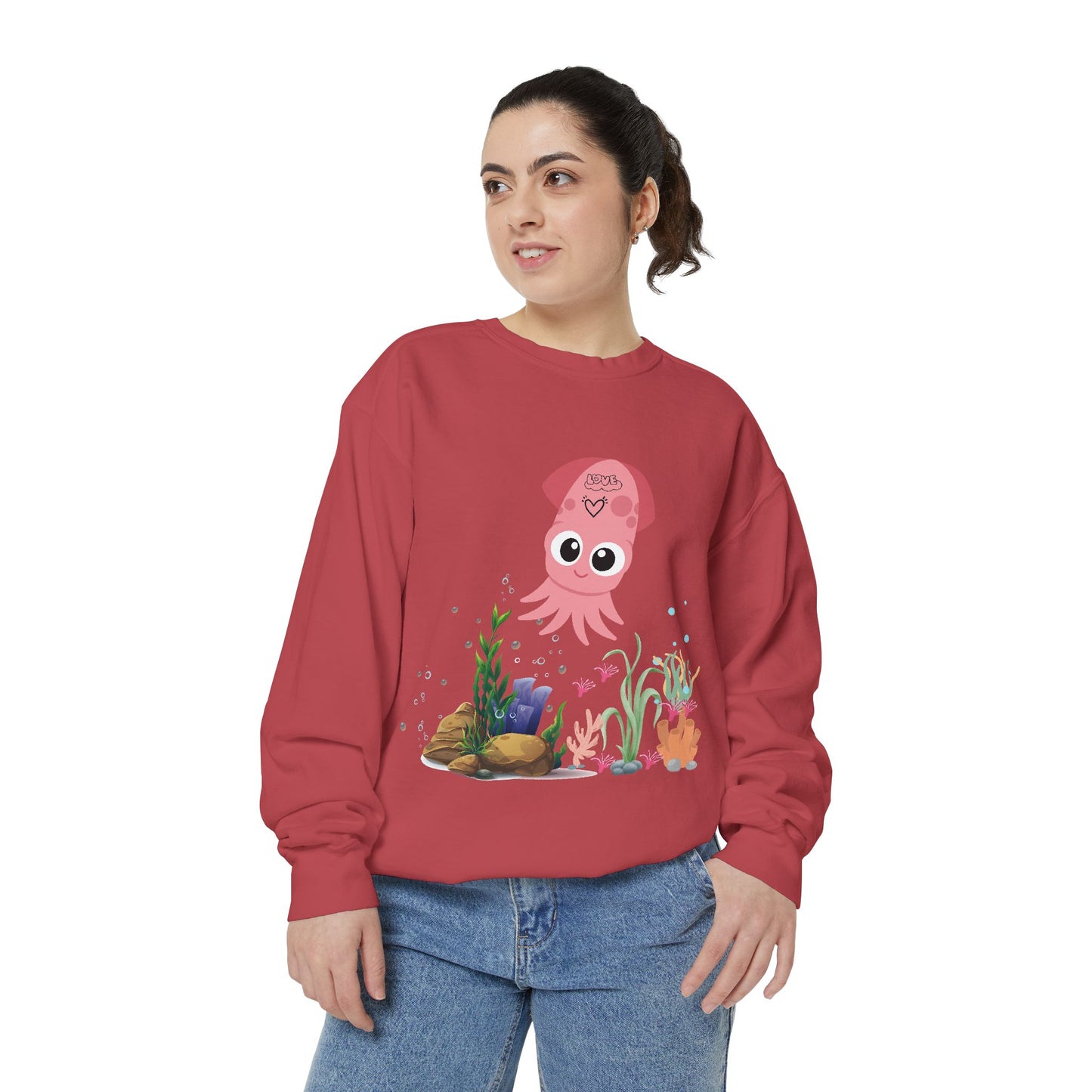 Pink squid cartoon with love Unisex Garment-Dyed Sweatshirt