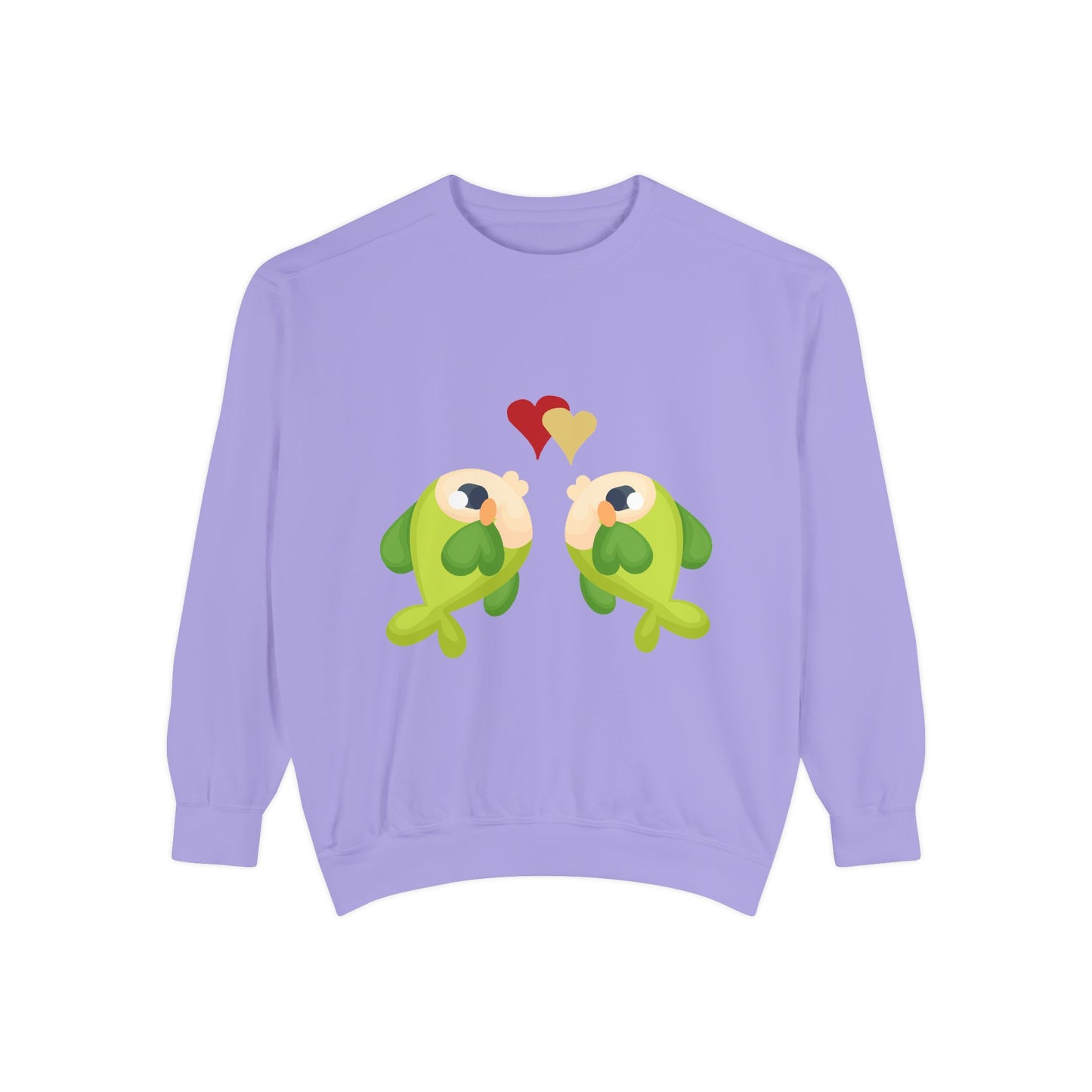 Two hearts float between the fish one red and one yellow Unisex Garment-Dyed Sweatshirt