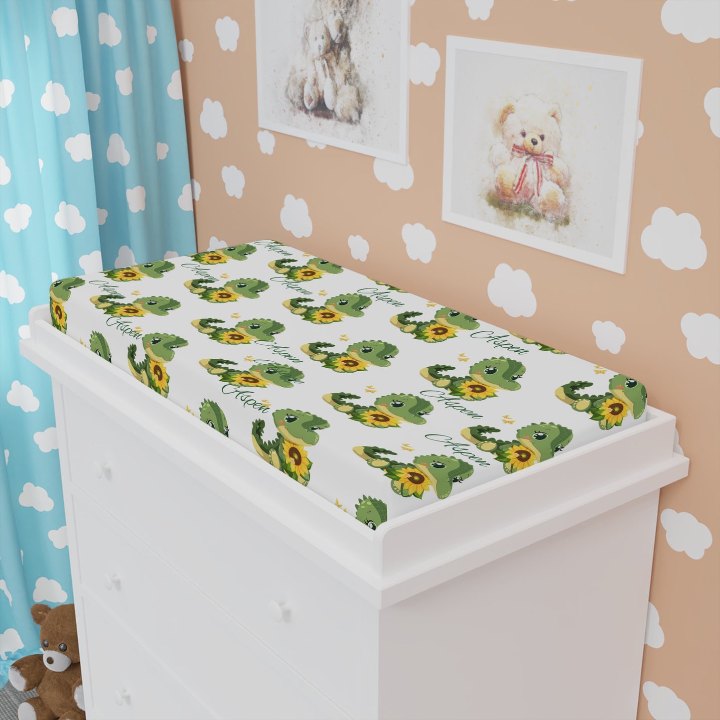 Changing Pad Cover — Cute Green Frog with Sunflower Pattern
