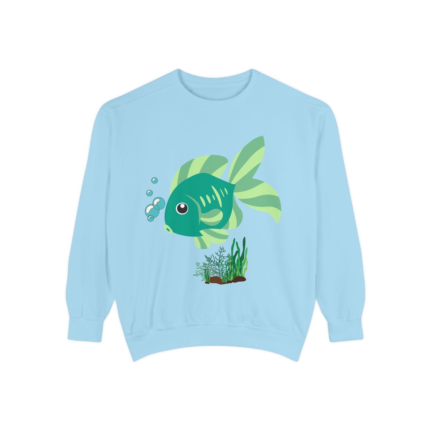 Green fish with bubbles and aquatic plants Unisex Garment-Dyed Sweatshirt