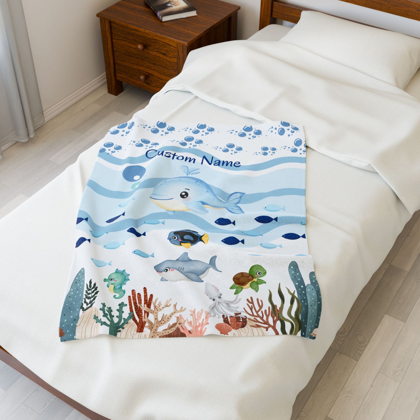 Custom Whale Theme Velveteen Blanket for Kids, Cozy Throw, Personalized Gift, Nursery Decor, Ocean Lovers, Baby Shower