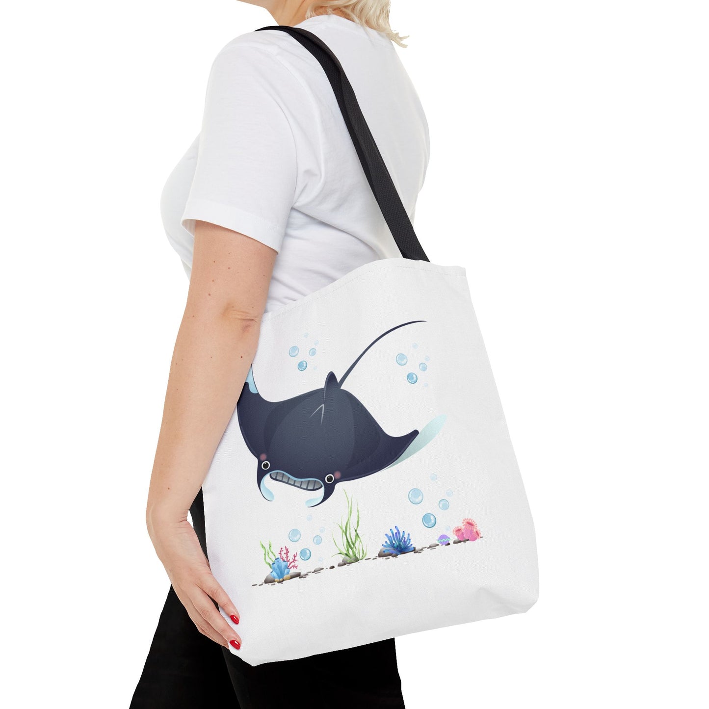 Manta ray with bubbles and coral reef Tote Bag
