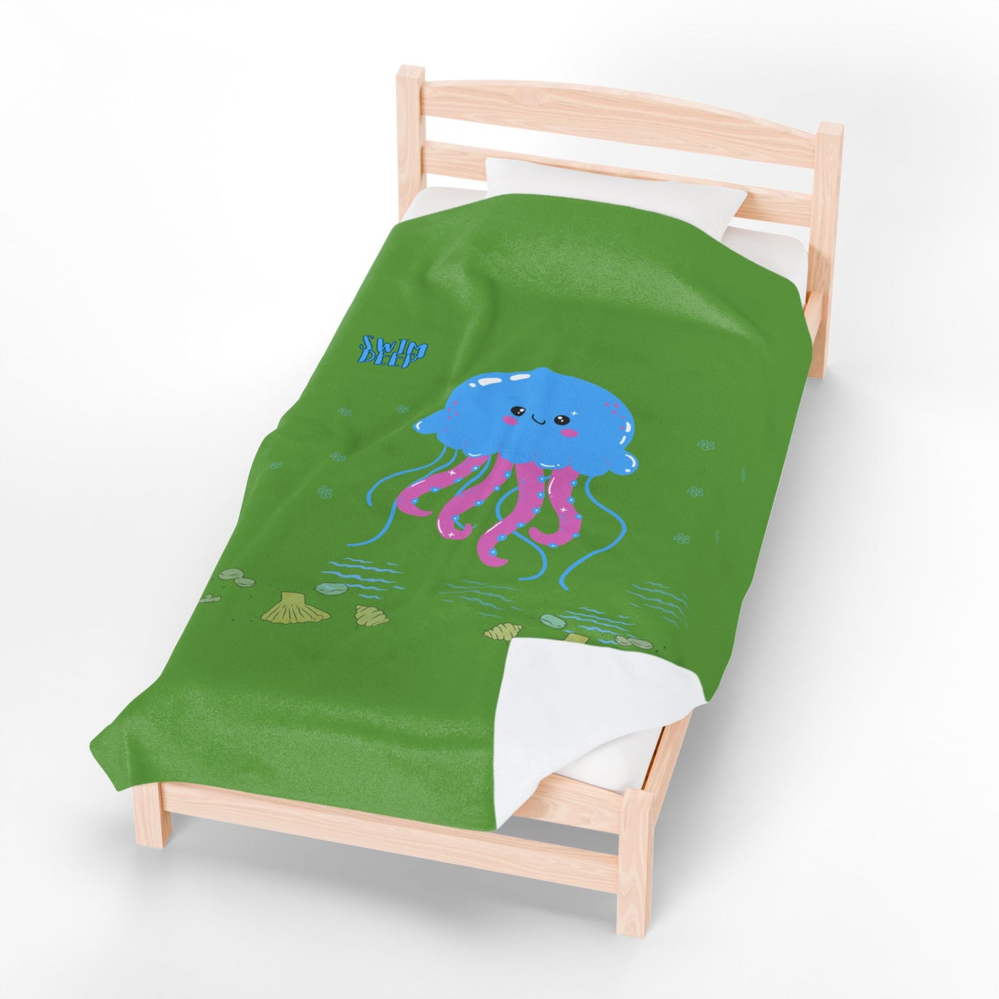 Blue jellyfish with pink tentacles Velveteen Plush Blanket