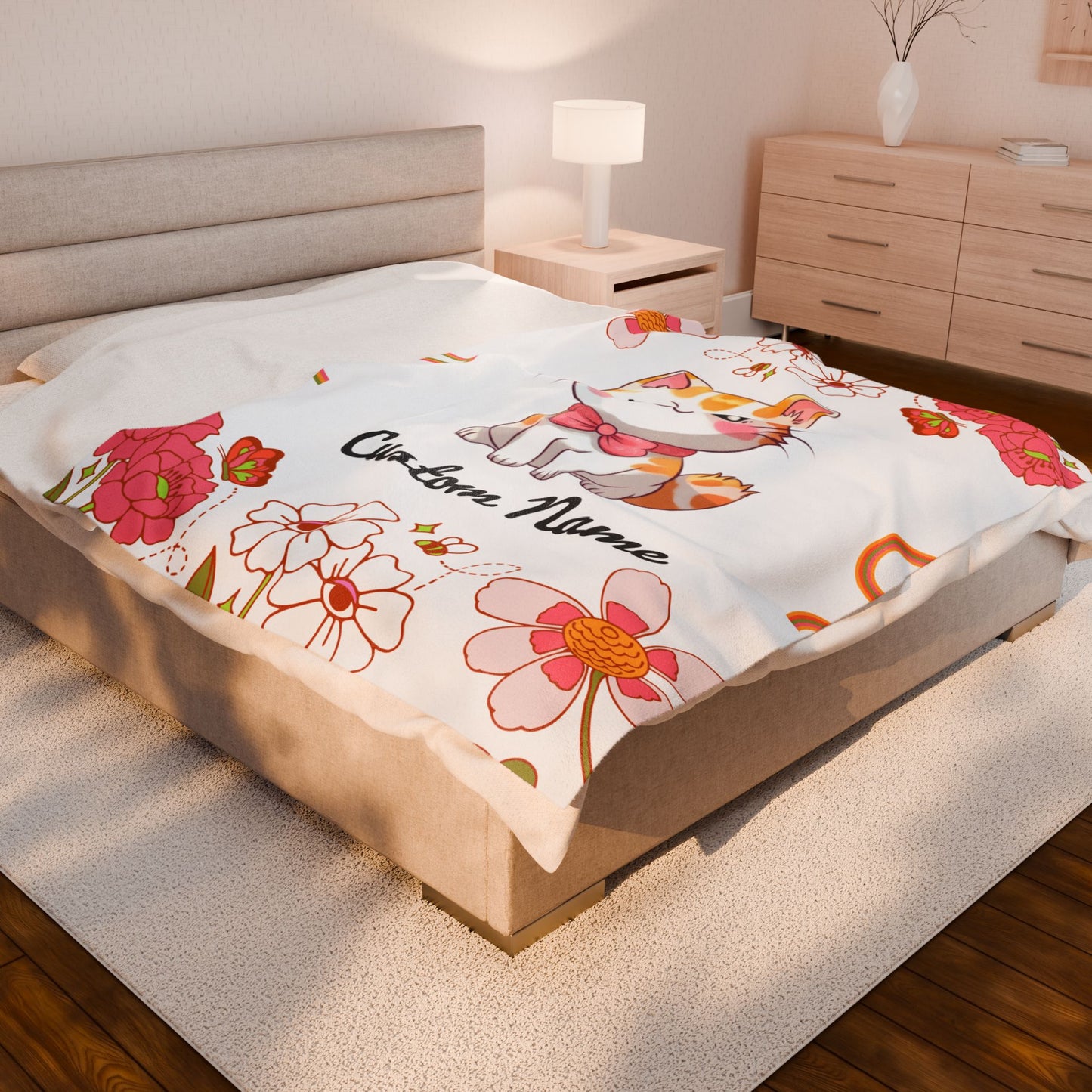 Custom Cat Plush Blanket, Personalized Velveteen Blanket for Kids, Cozy Cat Themed Gift, Baby Shower Blanket, Floral Comfort Throw