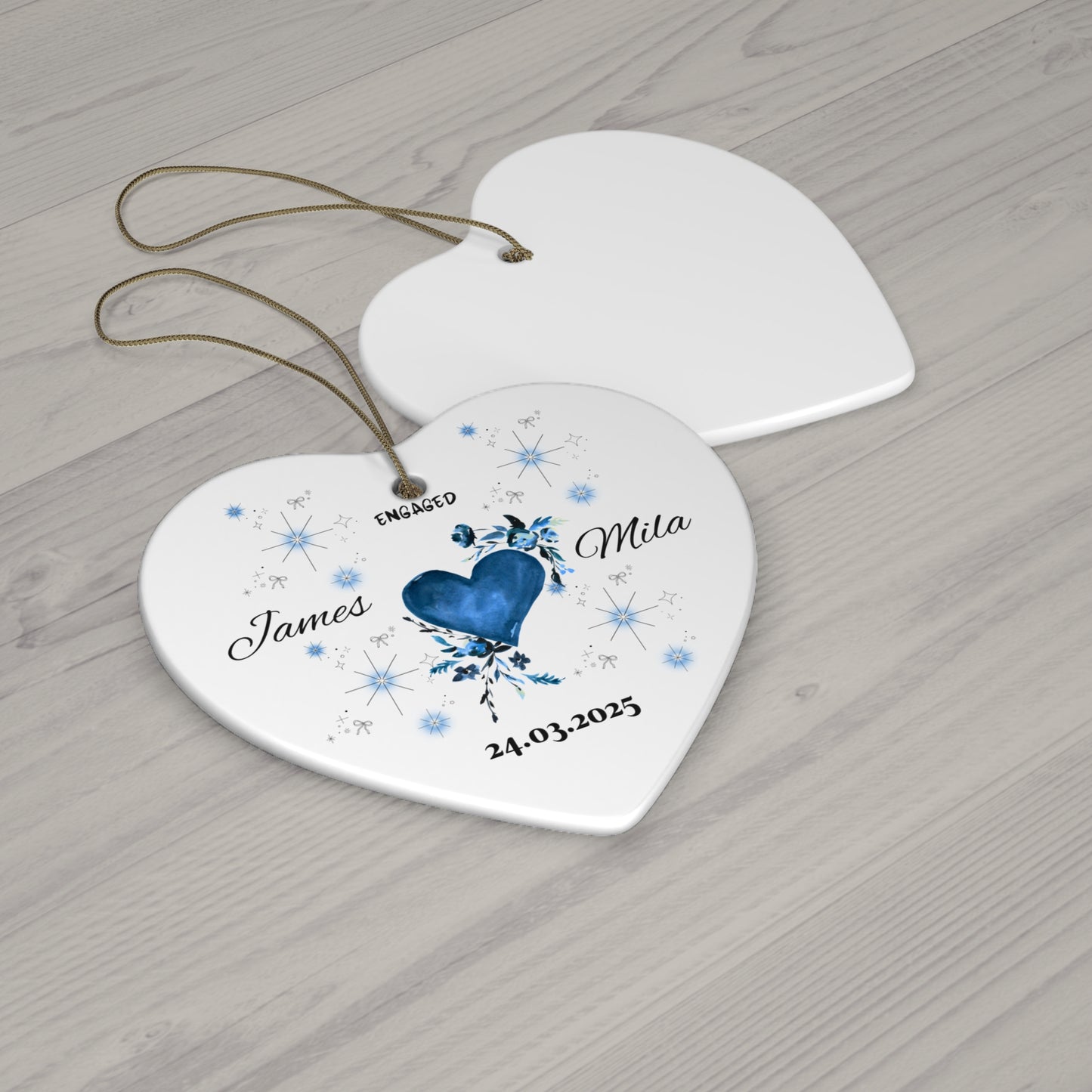 Engagement Heart Ceramic Ornament, Custom Personalized Keepsake, Wedding Gift, Couples Decor, Holiday Ornament