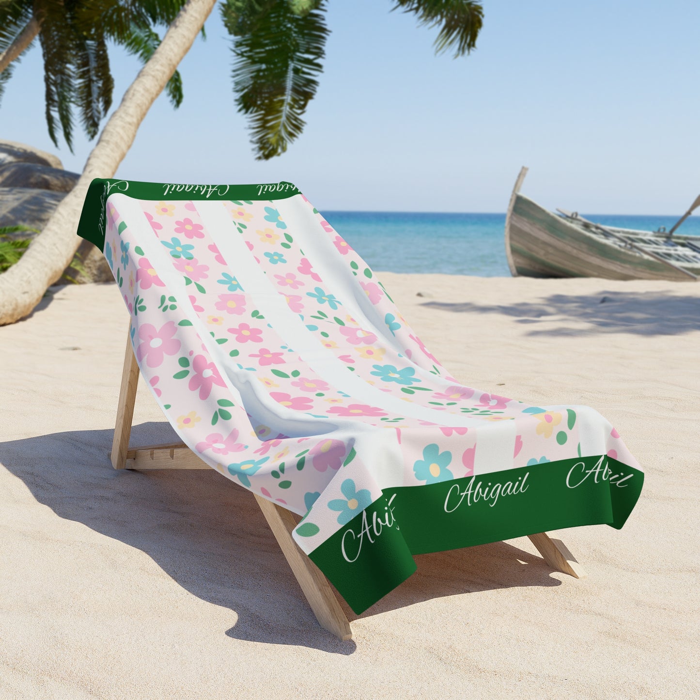 Floral Stripes Beach Towel – Pink & Mint Flowers with Green Trim