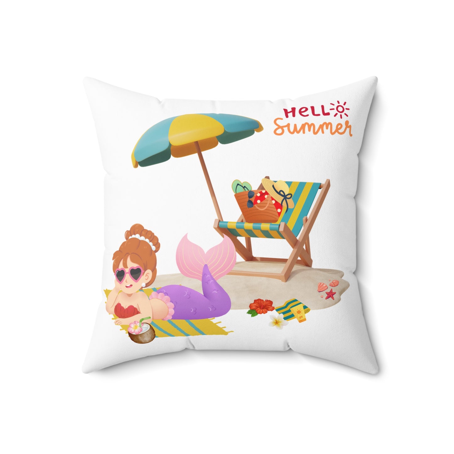 Mermaid lounging on a beach towel Spun Polyester Square Pillow