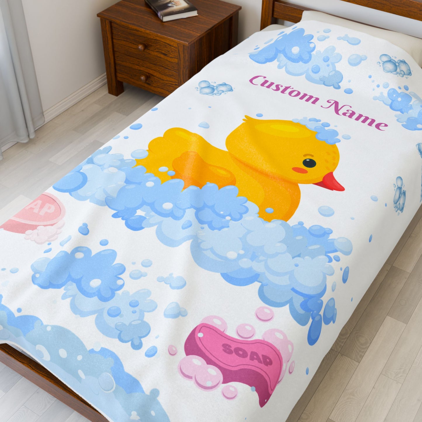Custom Duck Bath Time Velveteen Plush Blanket, Baby Shower Gift, Nursery Decor, Personalized Blanket, Soft Throw Blanket