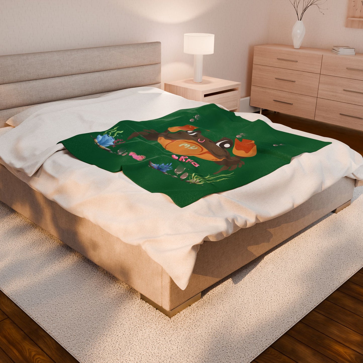 Crab with subtle bubbles and underwater flora Velveteen Plush Blanket