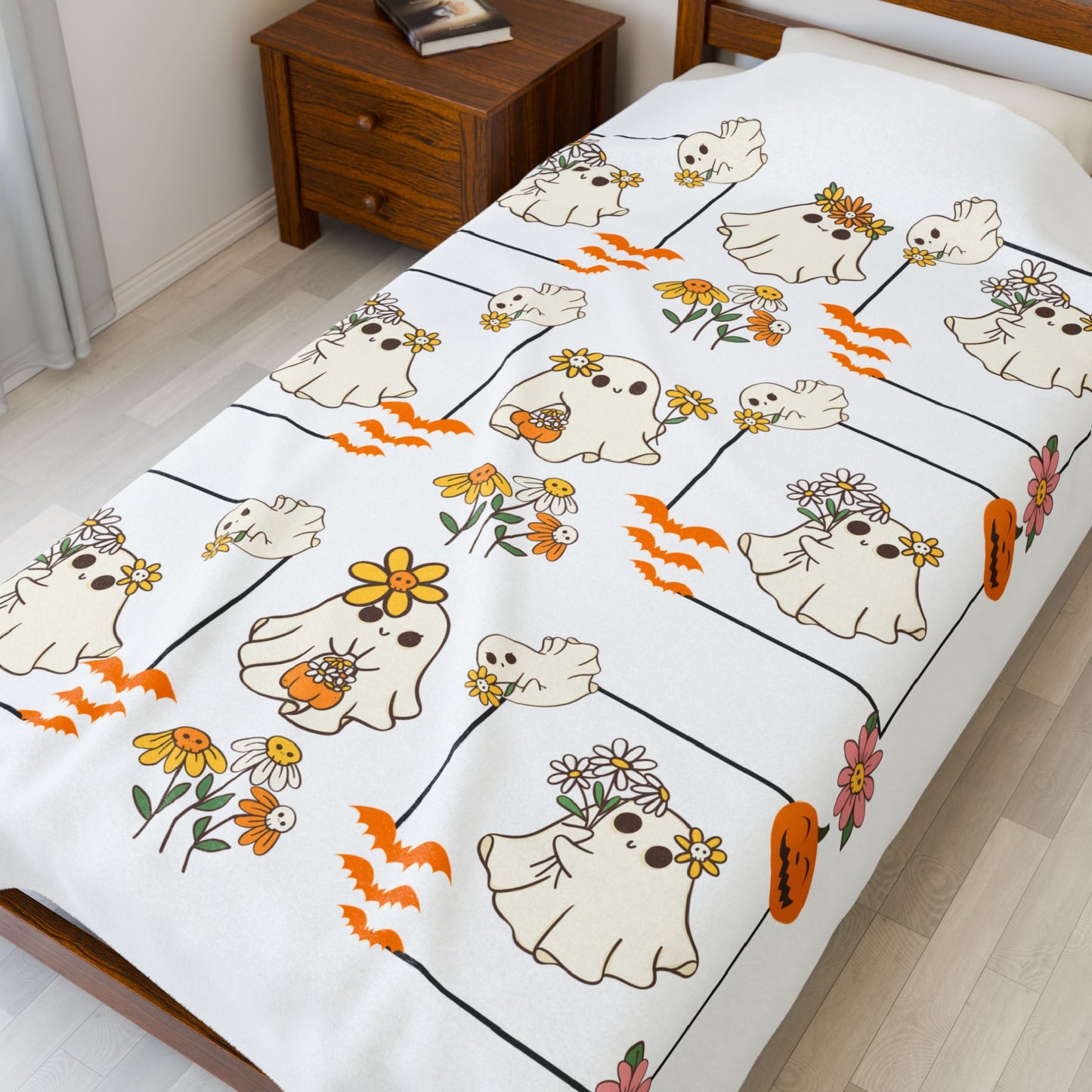 Whimsical Ghosts Velveteen Plush Blanket | Cozy Halloween Decor, Gift for Kids & Teens, Soft Plush Throw, Cute Couch Accessory
