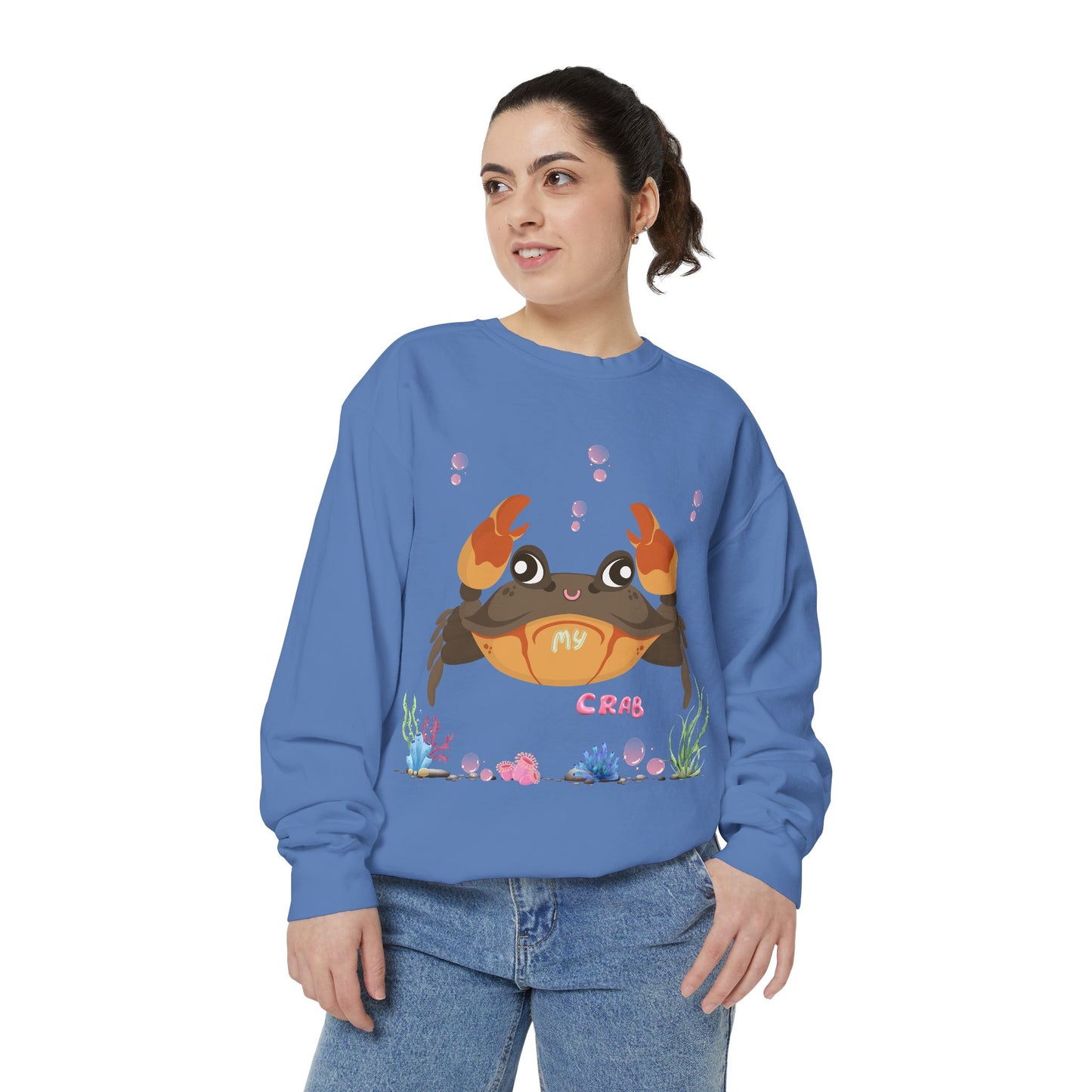 Crab with subtle bubbles and underwater flora Unisex Garment-Dyed Sweatshirt