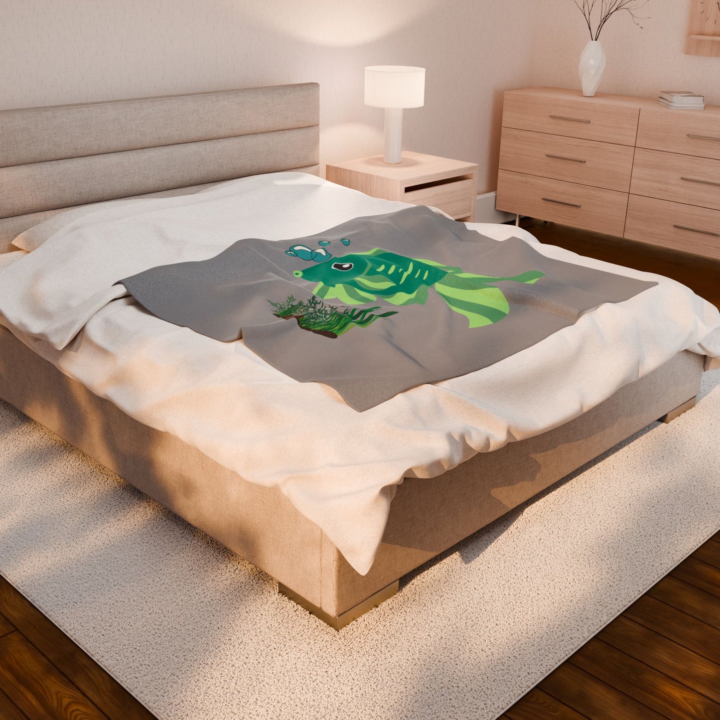 Green fish with bubbles and aquatic plants Velveteen Plush Blanket
