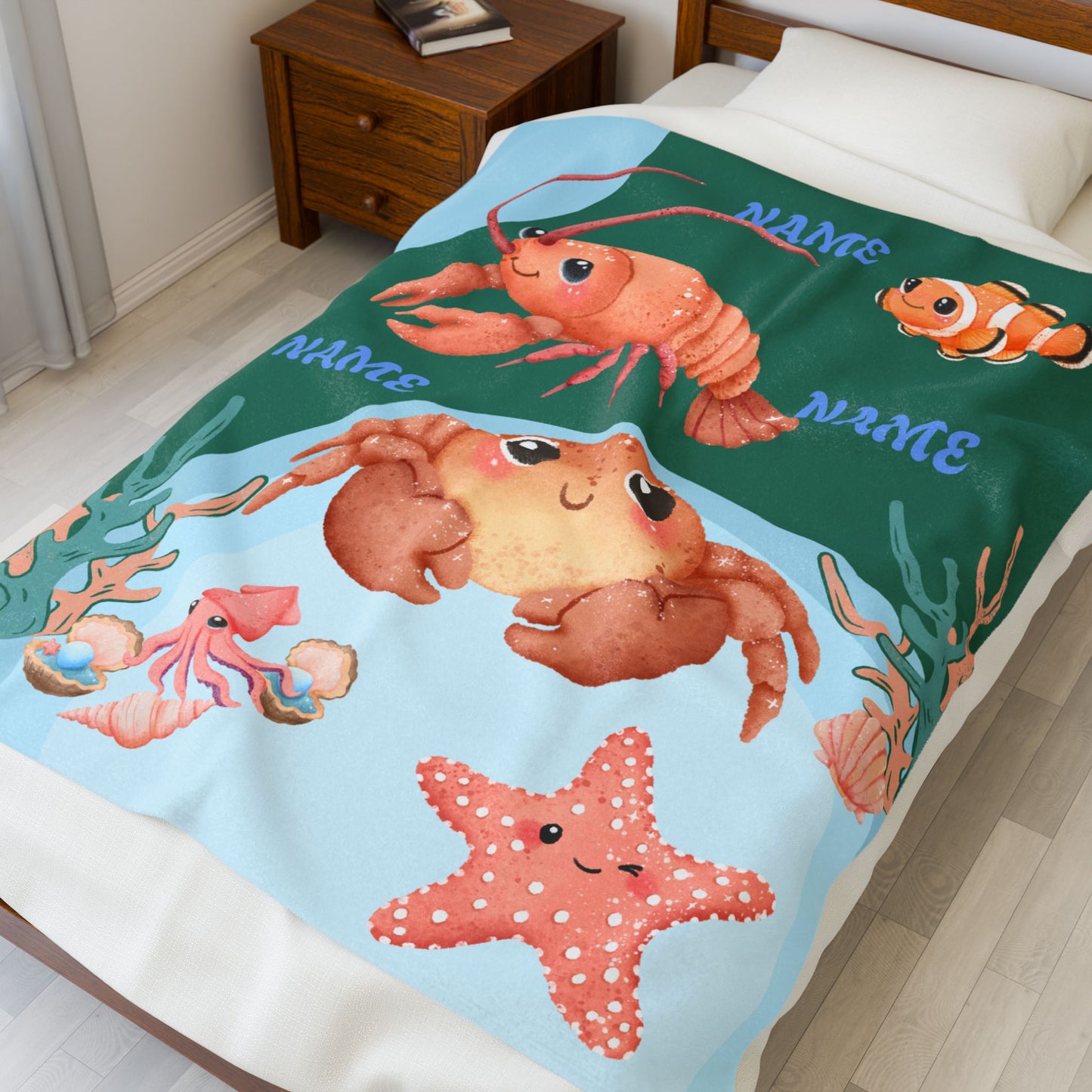 Personalized Ocean-Themed Velveteen Plush Blanket, Kids Beach Decor, Custom Name Gift, Nursery Room Accessories, Sea Life Throw