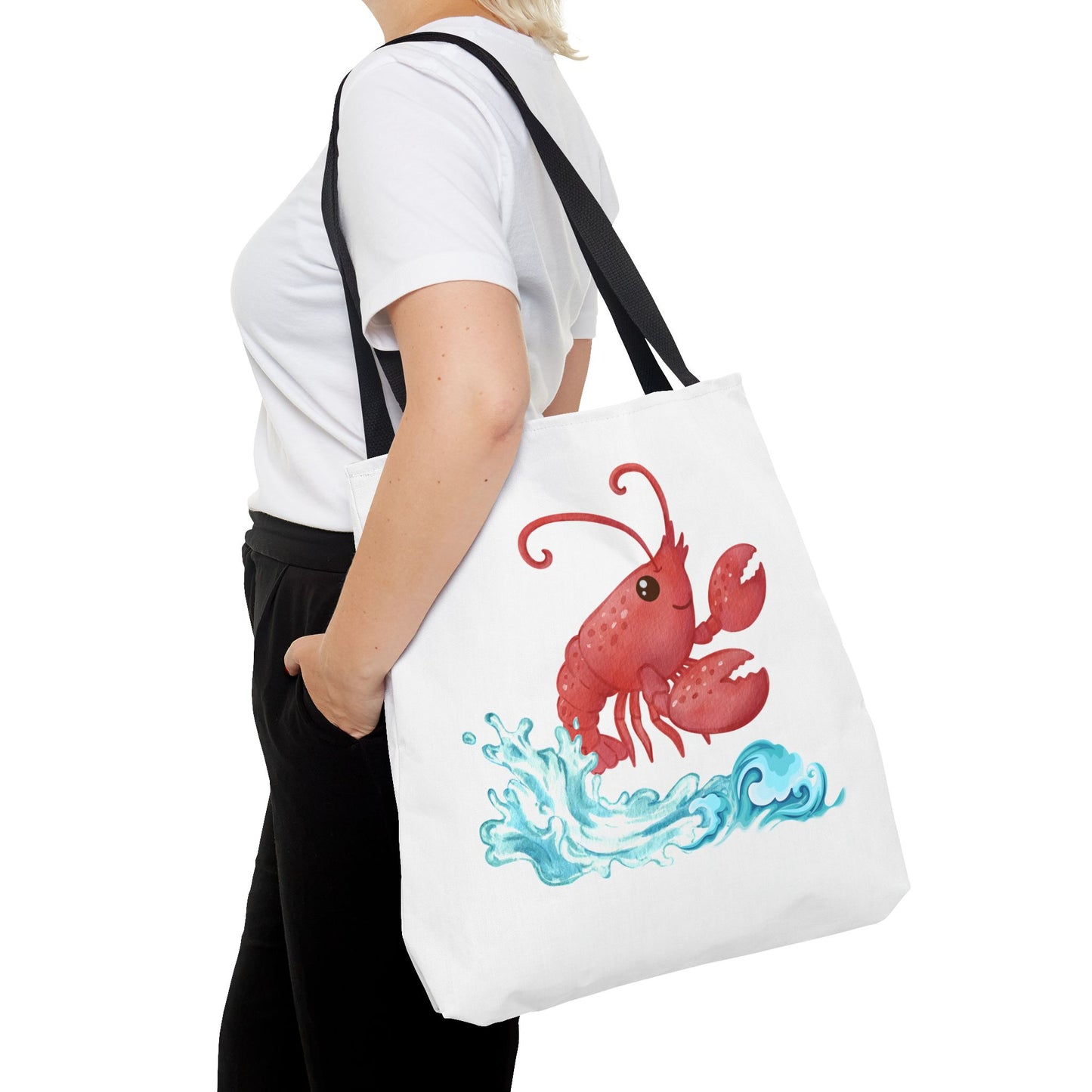 Cheerful red lobster emerging from stylized blue waves Tote Bag