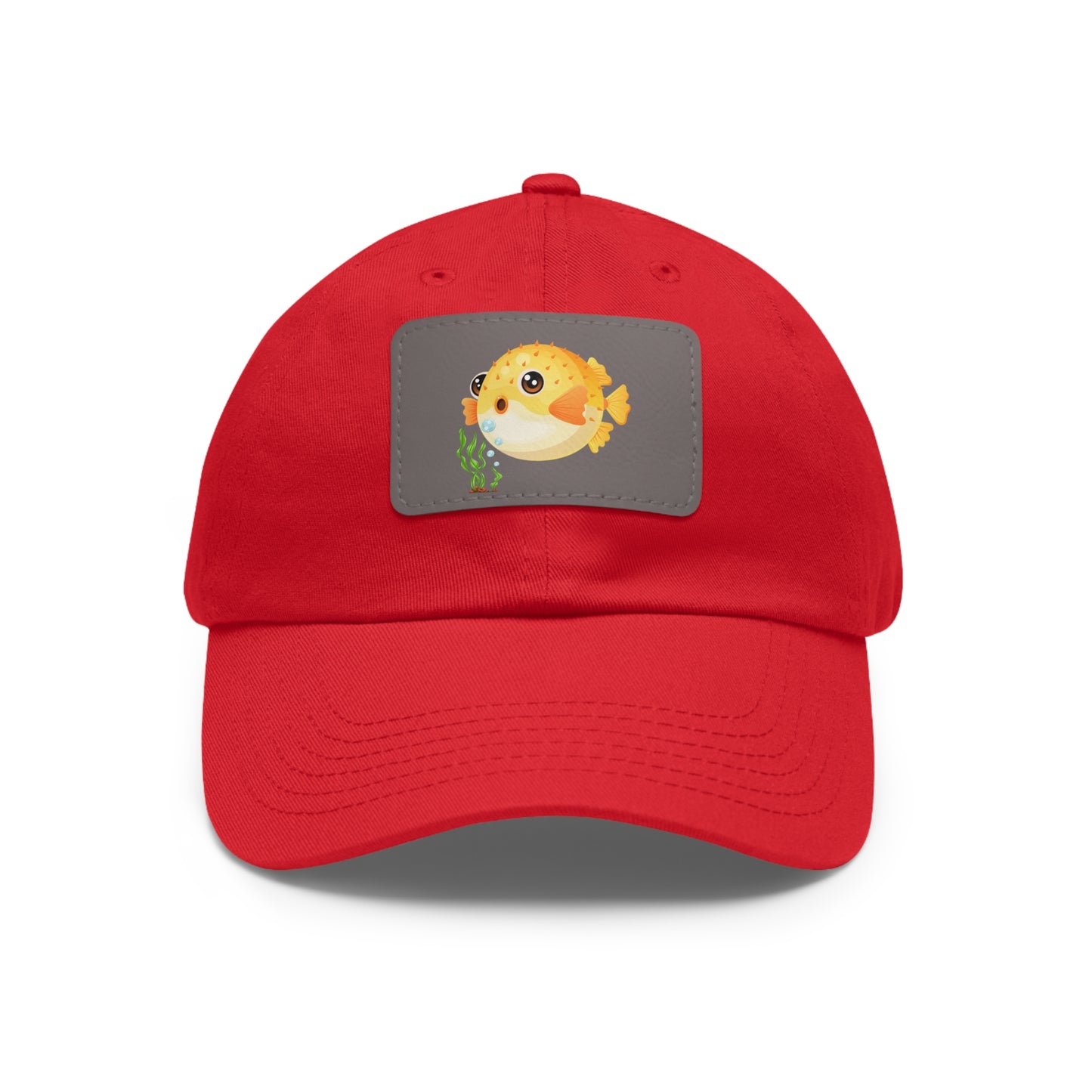 Cartoon Pufferfish with seaweed Dad Hat with Leather Patch (Rectangle)