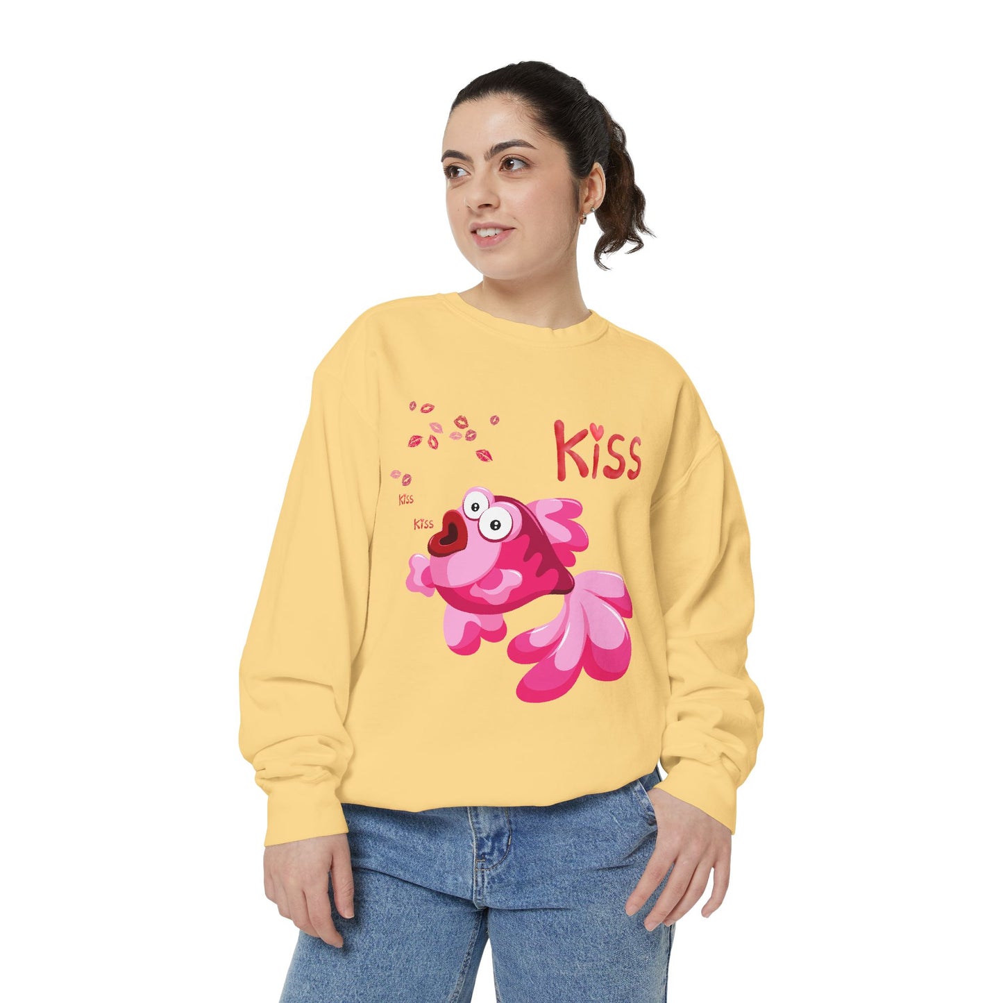 Pink fish with open mouth and kiss Unisex Garment-Dyed Sweatshirt