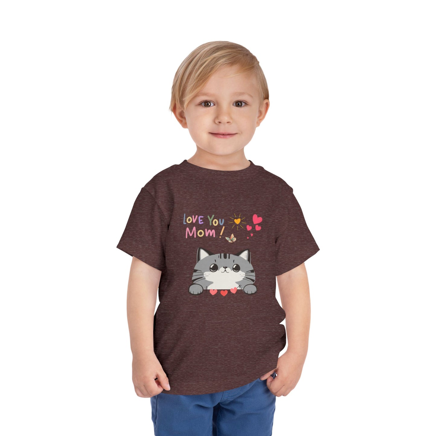 Cute Cat 'Love You Mom' Toddler Tee, Perfect Gift for Mother's Day, Birthday, Playdates, Casual Wear, Cute Kids' Apparel