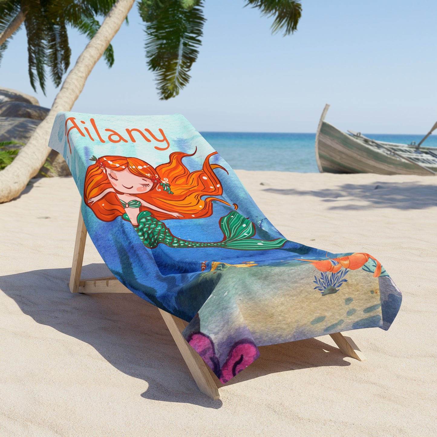 Personalized Mermaid Beach Towel – Custom Name Kids Towel, Cute Red‑Haired Mermaid Design