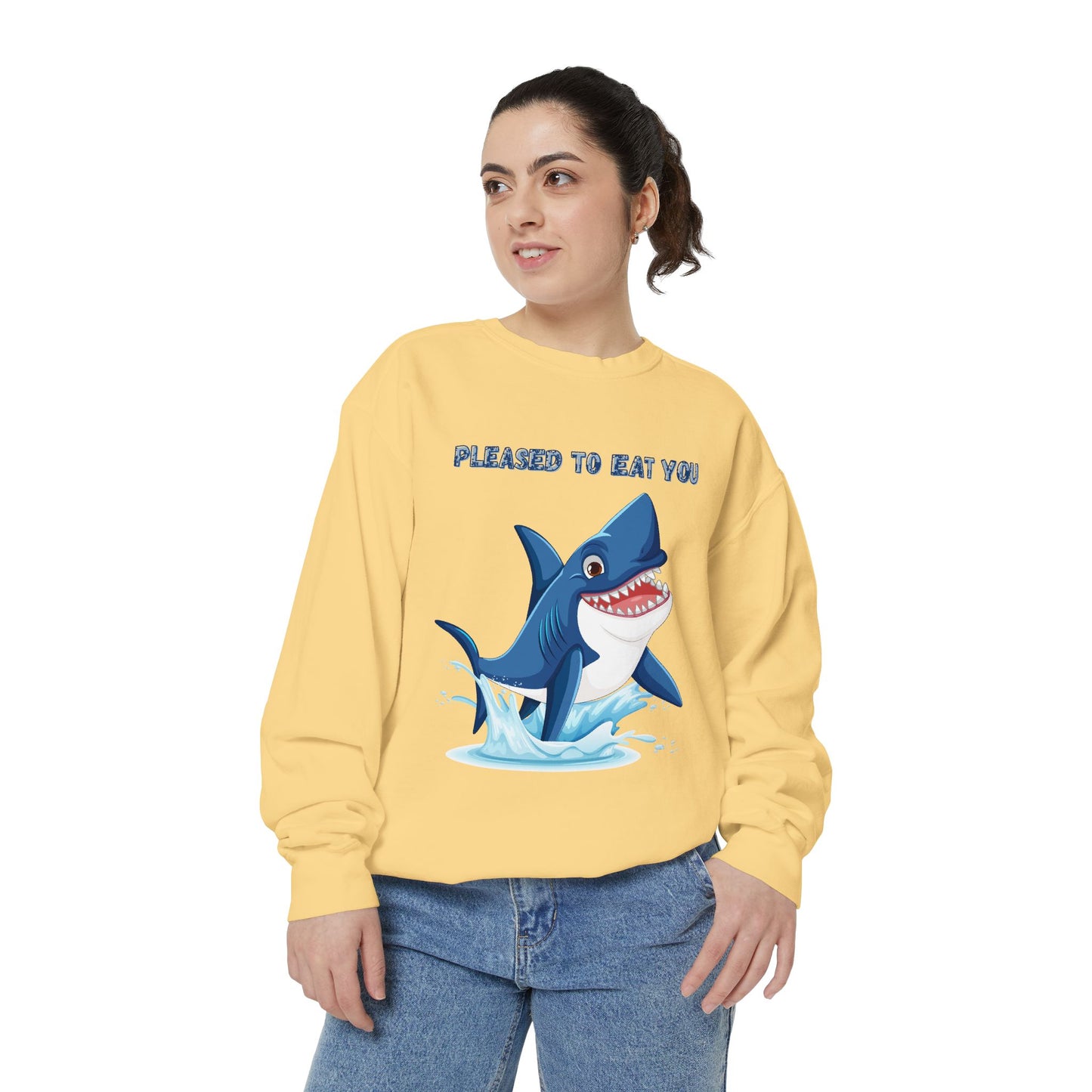 Humorous cartoon shark with threatening text Unisex Garment-Dyed Sweatshirt