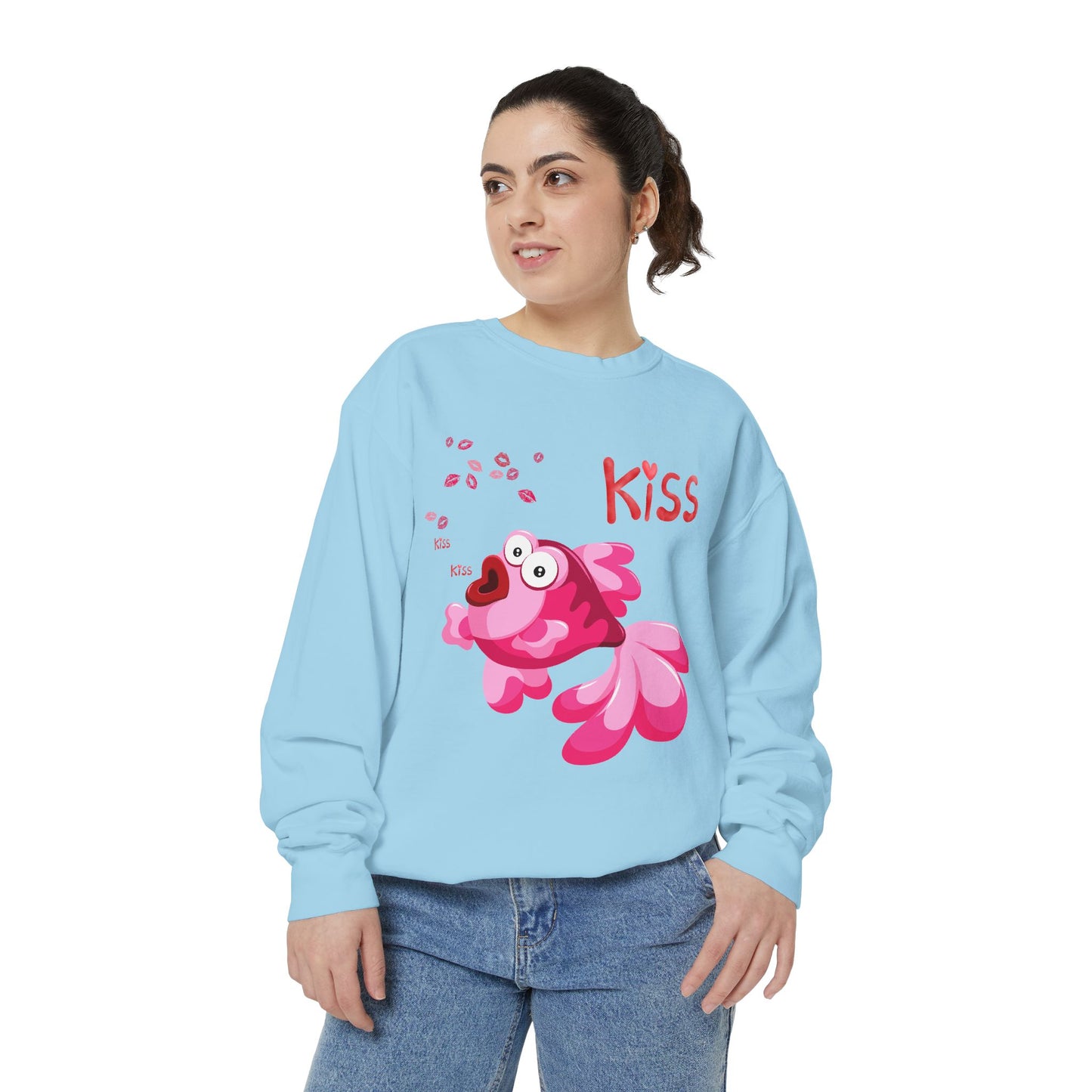 Pink fish with open mouth and kiss Unisex Garment-Dyed Sweatshirt