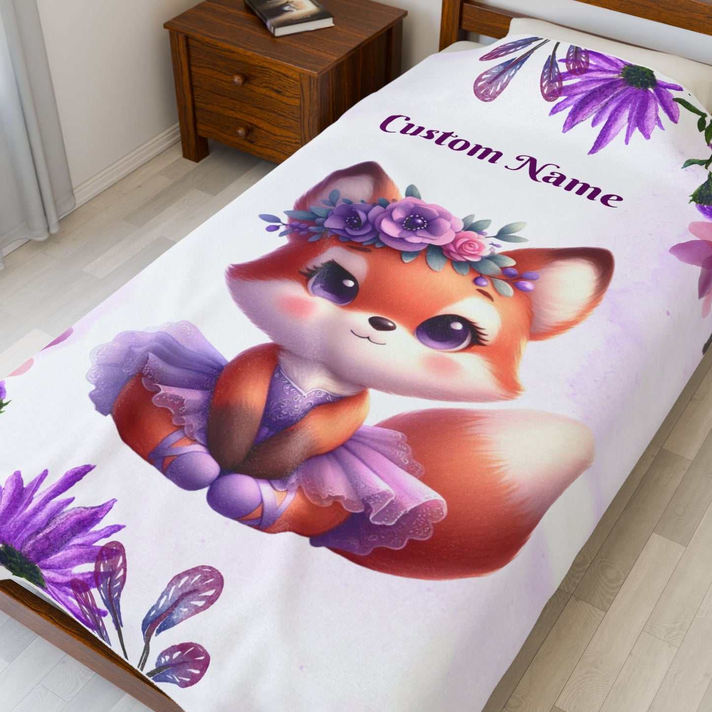 Customizable Velveteen Plush Blanket with Adorable Fox Design, Cozy Gift for Kids, Nursery Decor, Personalized Throw, Soft Bedroom Accent