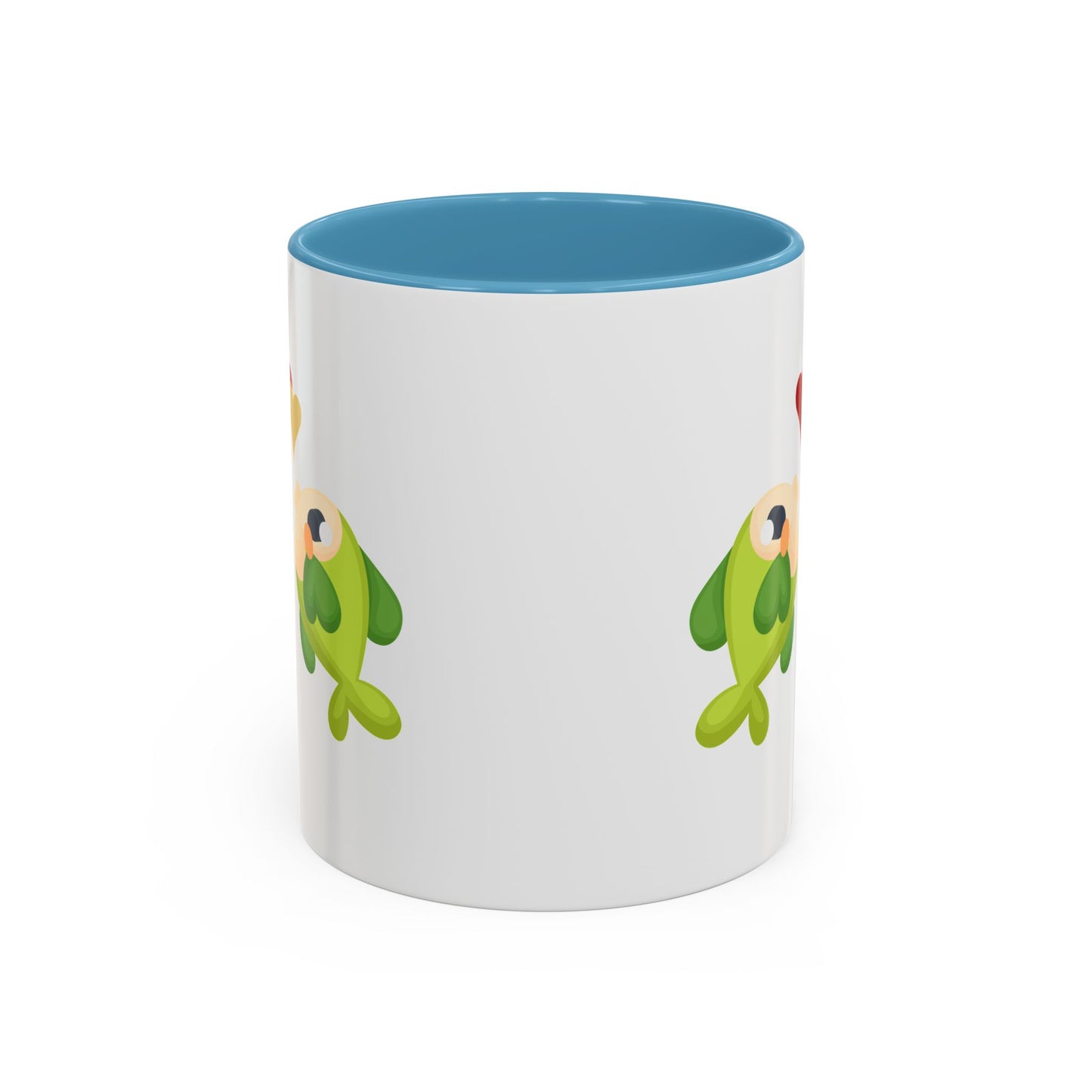 Two hearts float between the fish one red and one yellow. Coffee Mug