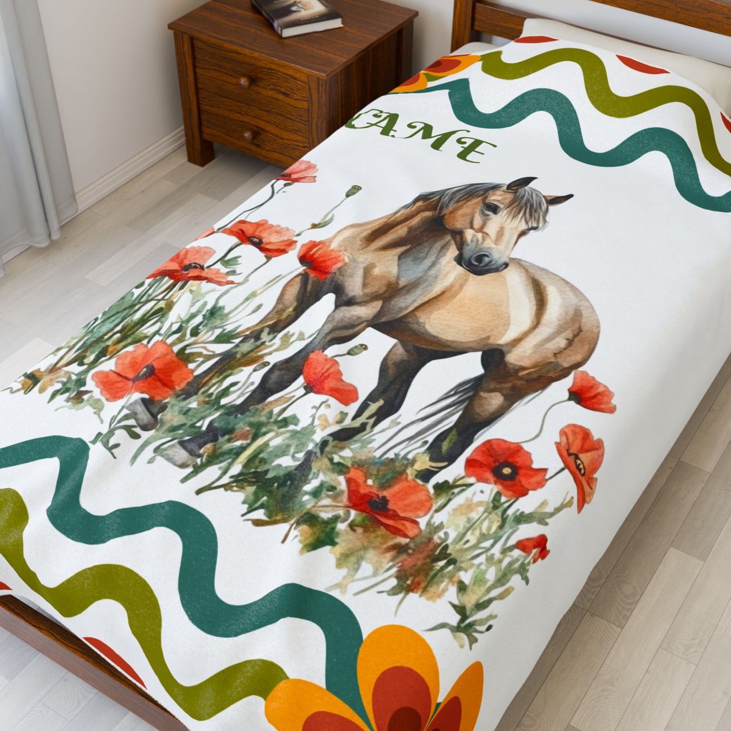 Personalized Horse and Floral Velveteen Plush Blanket, Cozy Throw Blanket, Gift for Horse Lovers, Home Decor, Custom Blanket