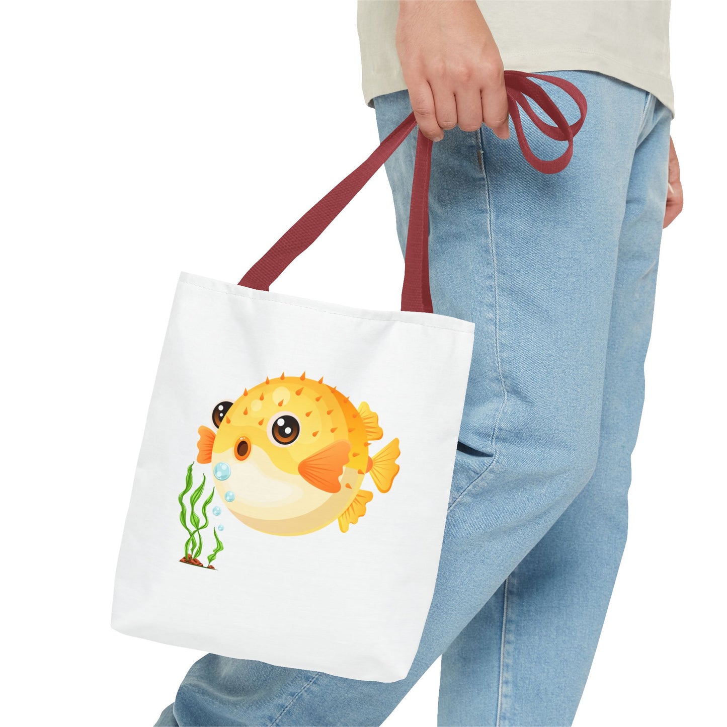 Cartoon Pufferfish with seaweed Tote Bag