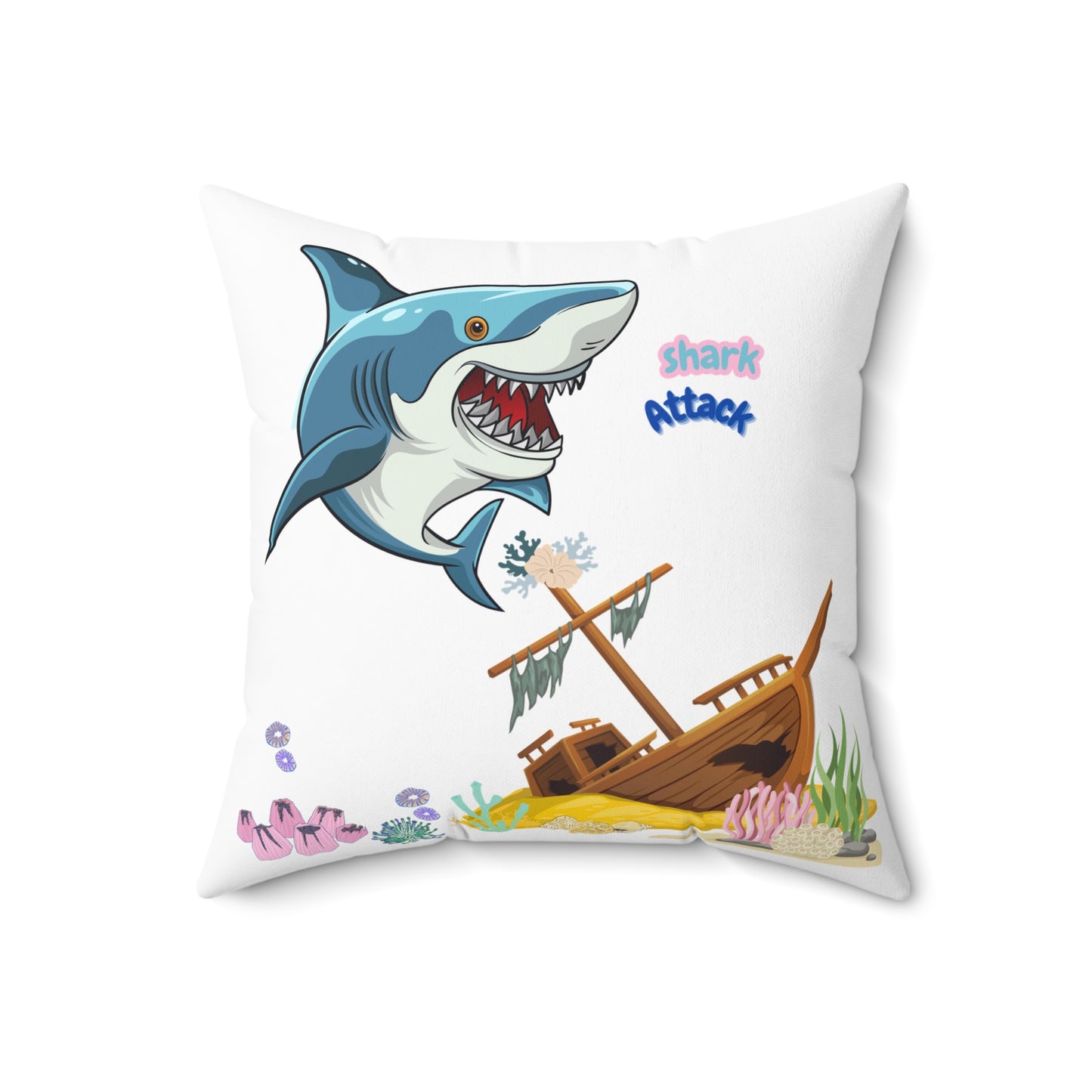 Shark ship colorful coral reef Spun Polyester Square Pillow