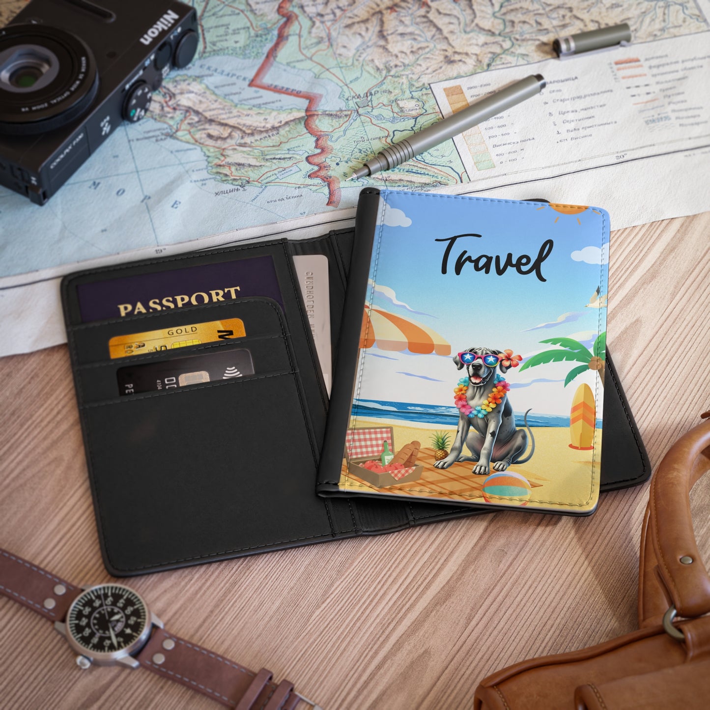 Travel Passport Cover — Beach Dog Design with 'Travel' Text