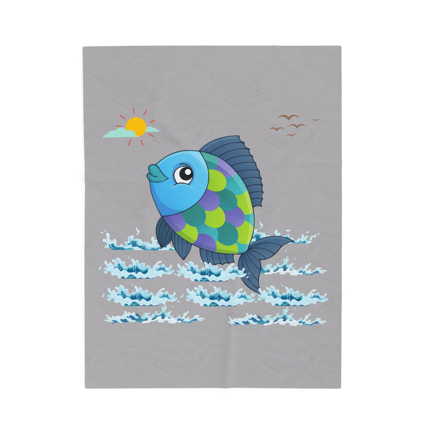 Fish with a sun and birds in the sky above water Velveteen Plush Blanket