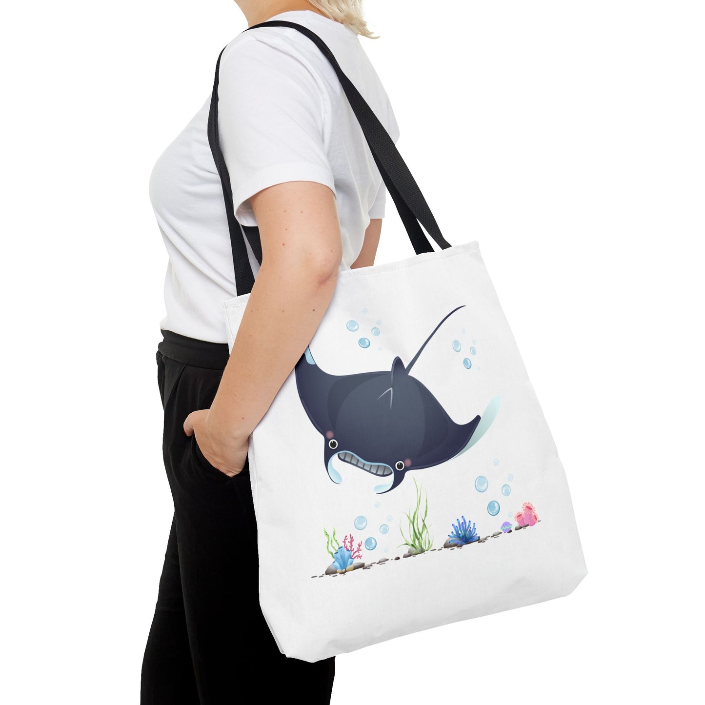 Manta ray with bubbles and coral reef Tote Bag