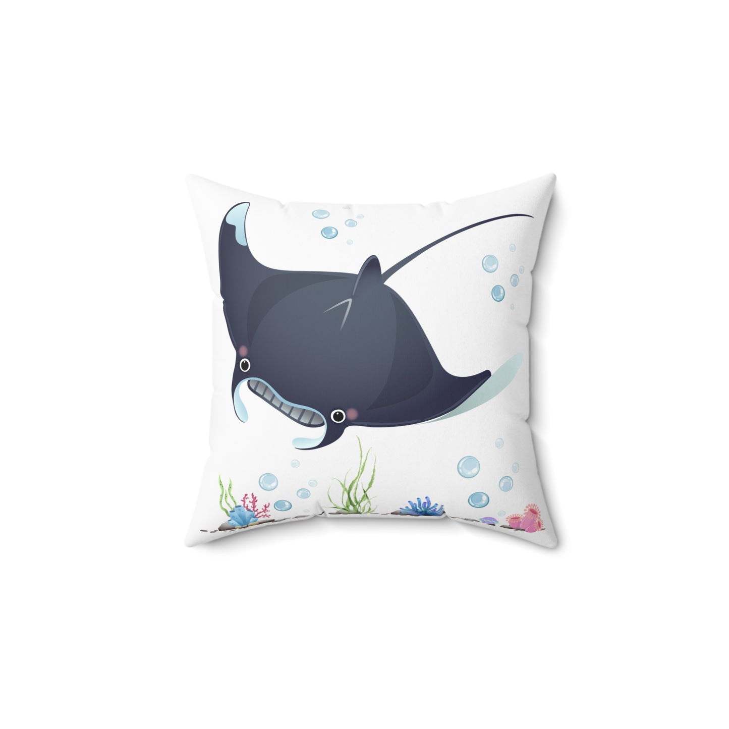 Manta ray with bubbles and coral reef Spun Polyester Square Pillow