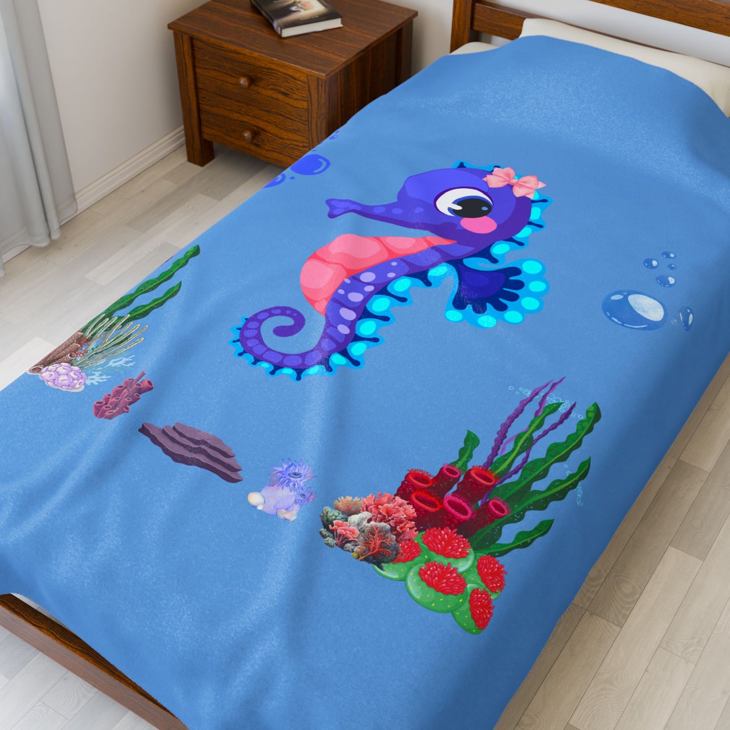 Seahores playful under the sea Velveteen Plush Blanket