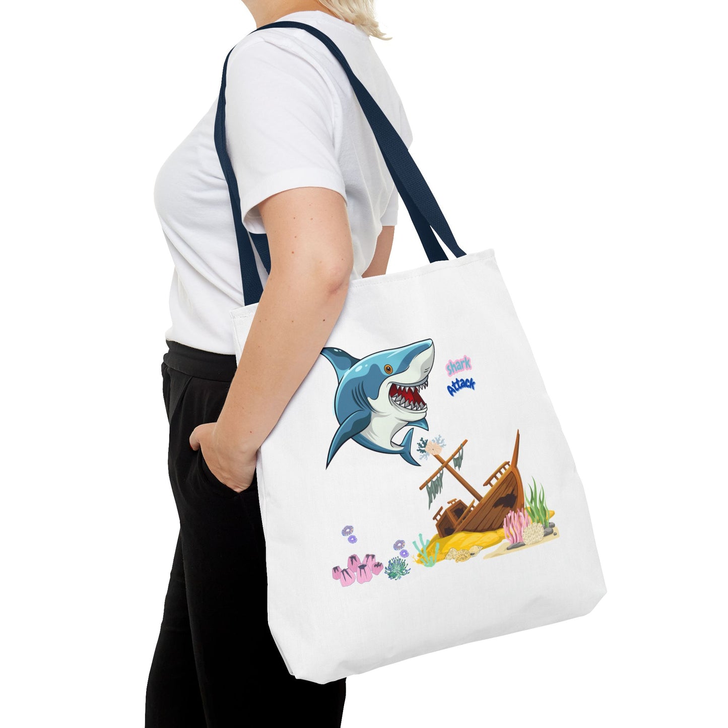 Shark ship colorful coral reef Tote Bag