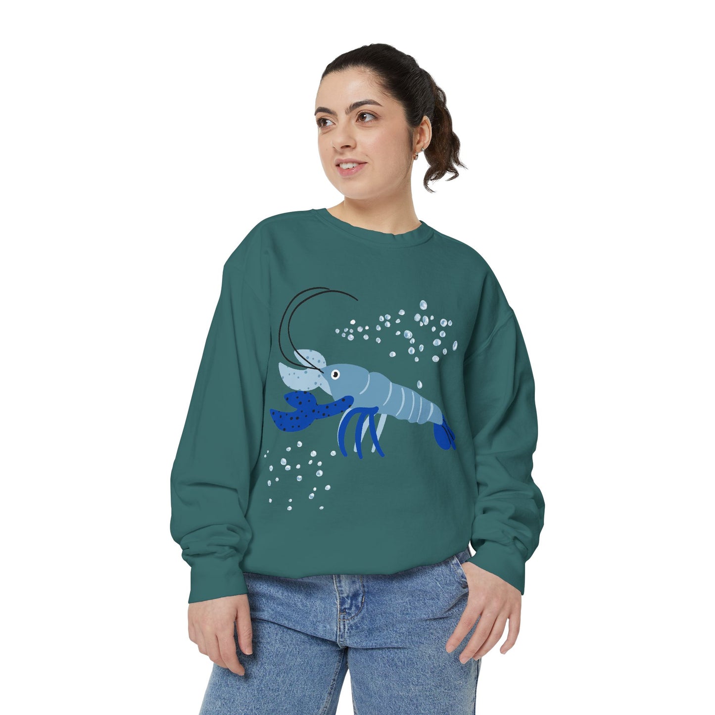 Blue shrimp with dark blue claws and bubbles Unisex Garment-Dyed Sweatshirt