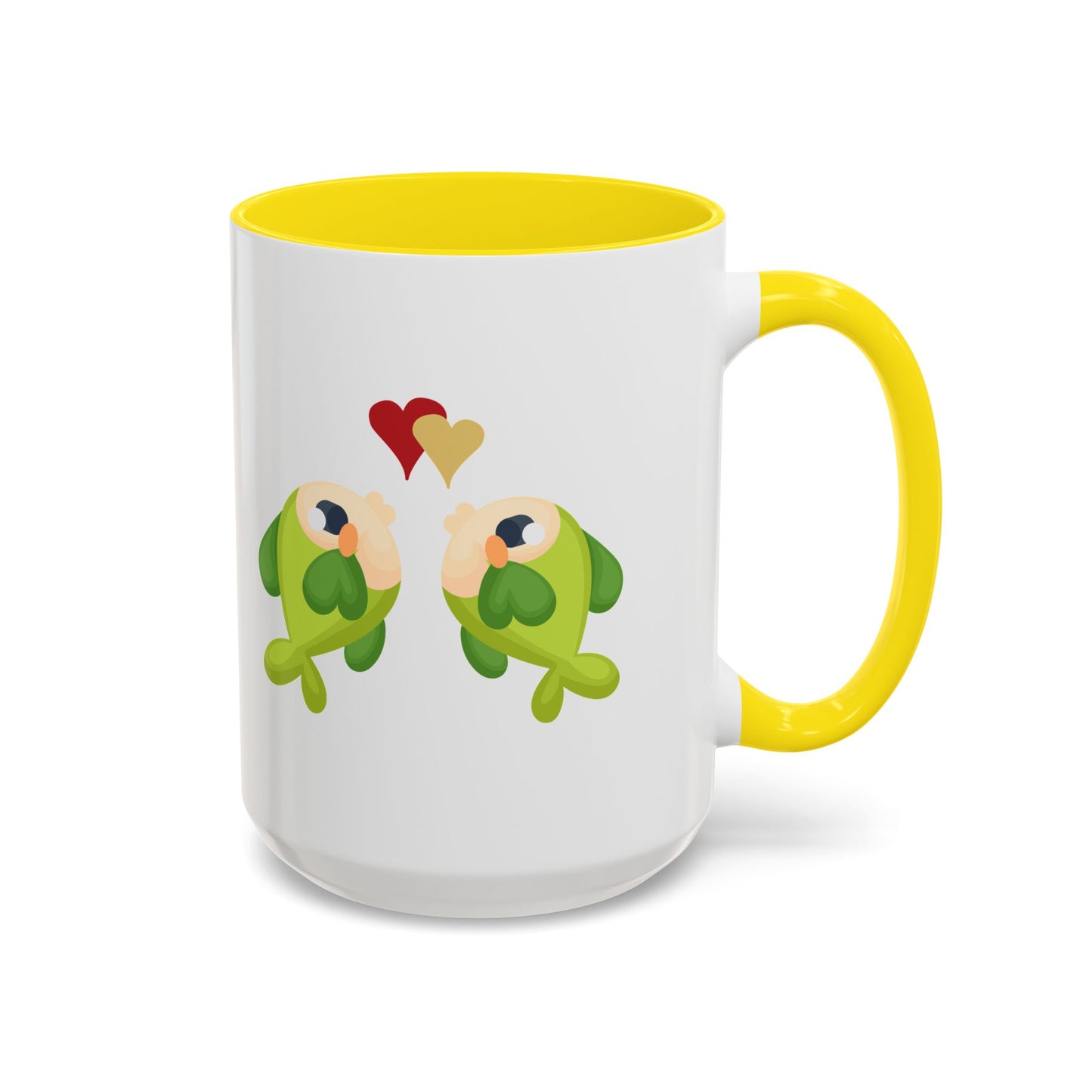 Two hearts float between the fish one red and one yellow. Coffee Mug
