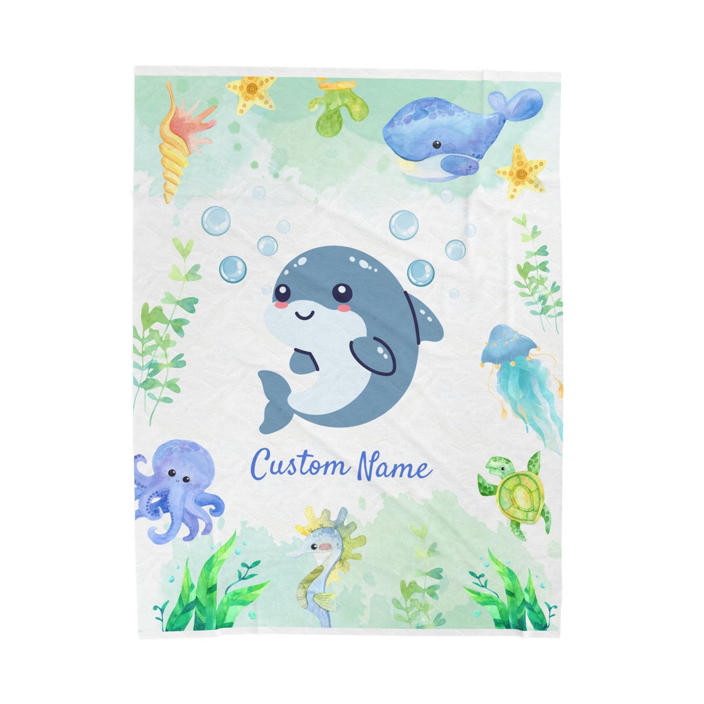 Customizable Velveteen Plush Blanket with Cute Marine Design, Ideal for Kids' Rooms, Gifts for Birthdays, Showers, and Holidays, Cozy Decor