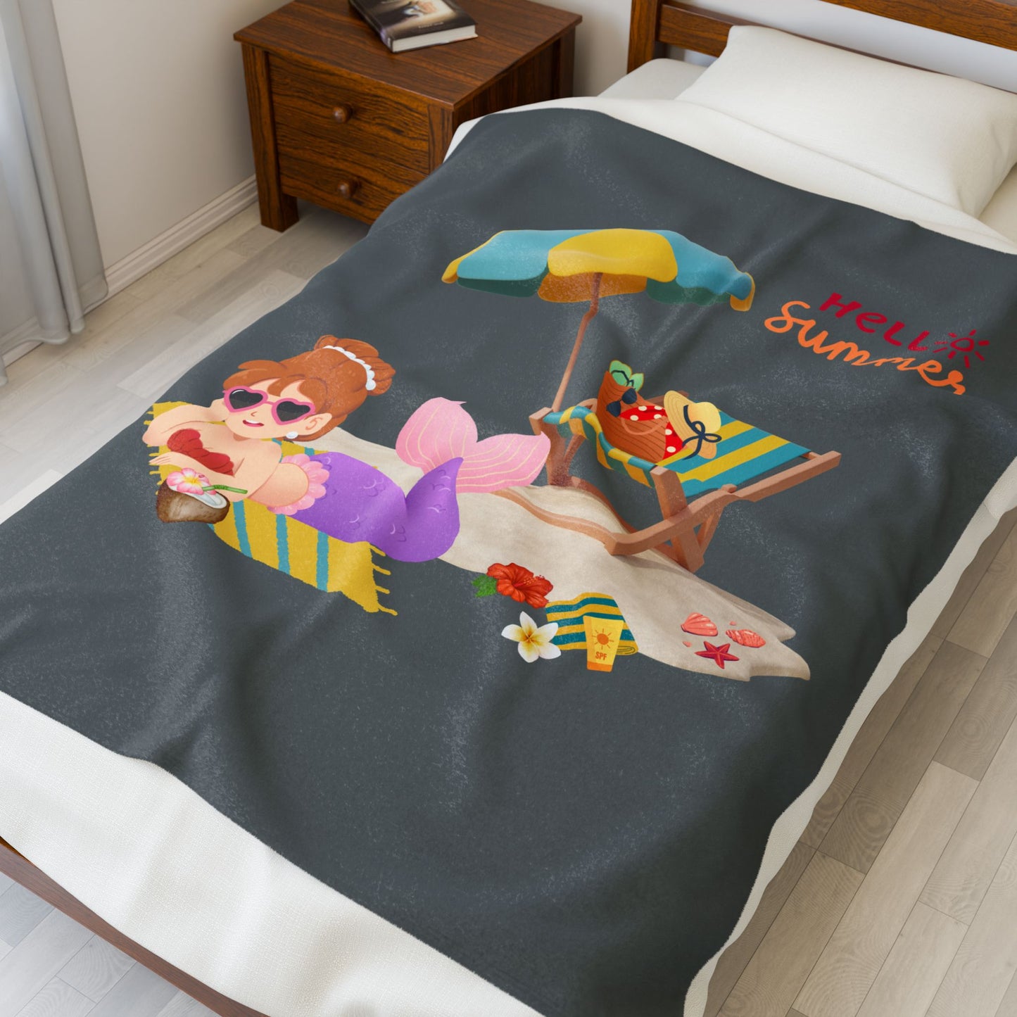 Mermaid lounging on a beach towel Velveteen Plush Blanket