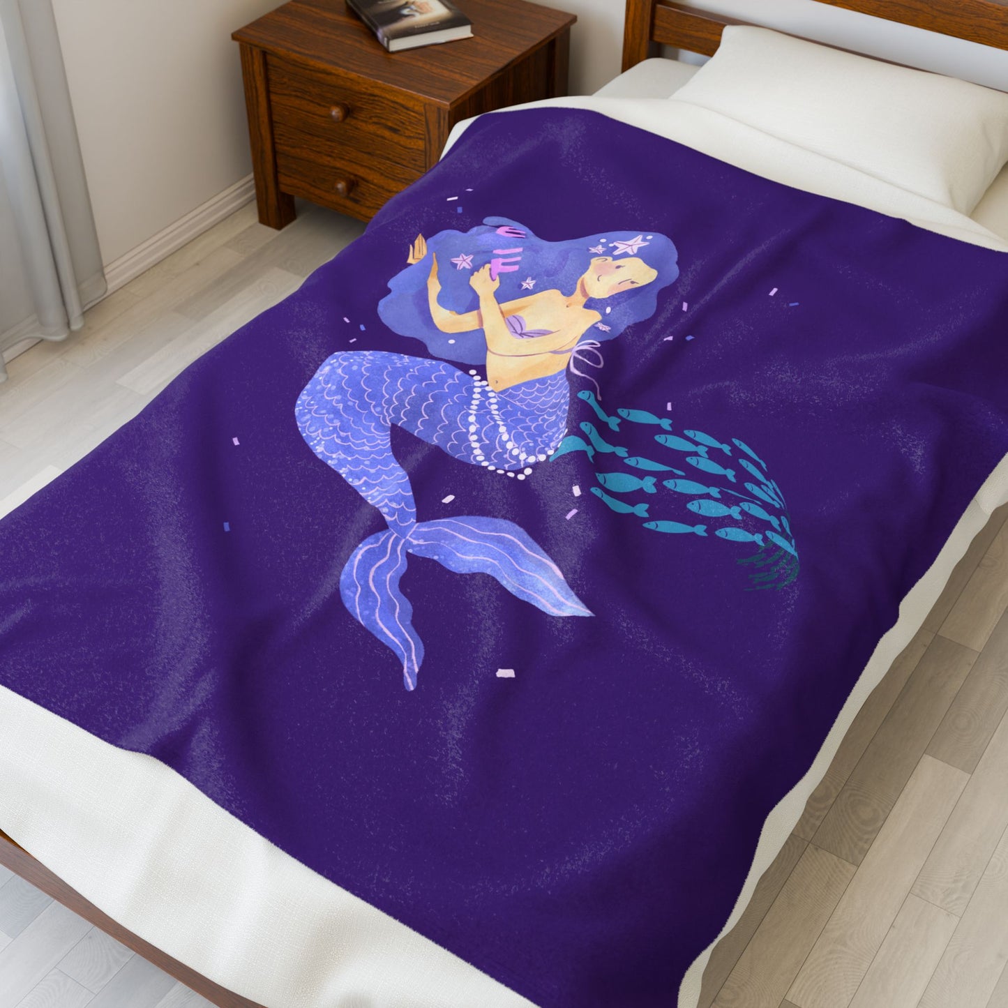 The mermaid and her school fish Velveteen Plush Blanket