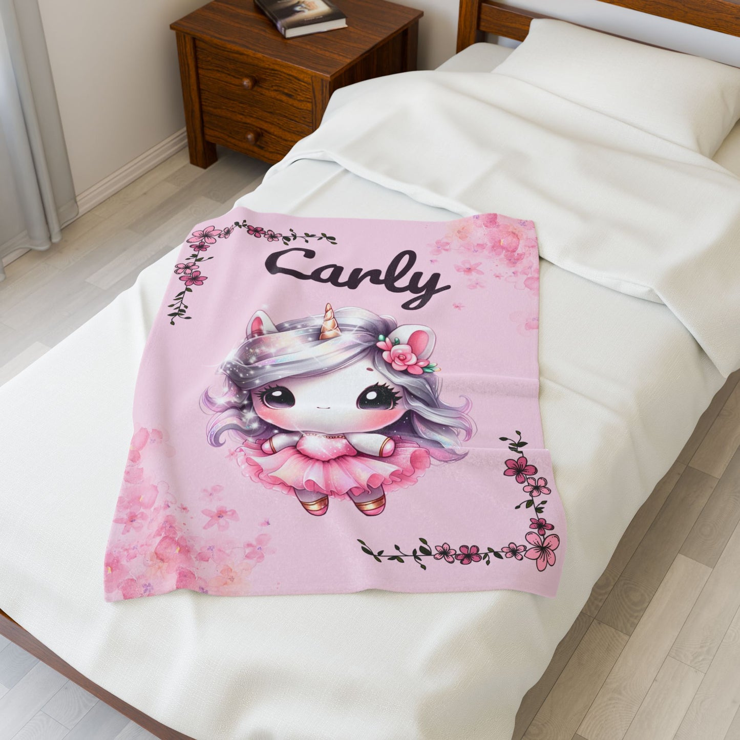 Customized Unicorn Velveteen Plush Blanket, Kid's Gift, Nursery Decor, Cozy Throw, Personalized Blanket, Birthday Present